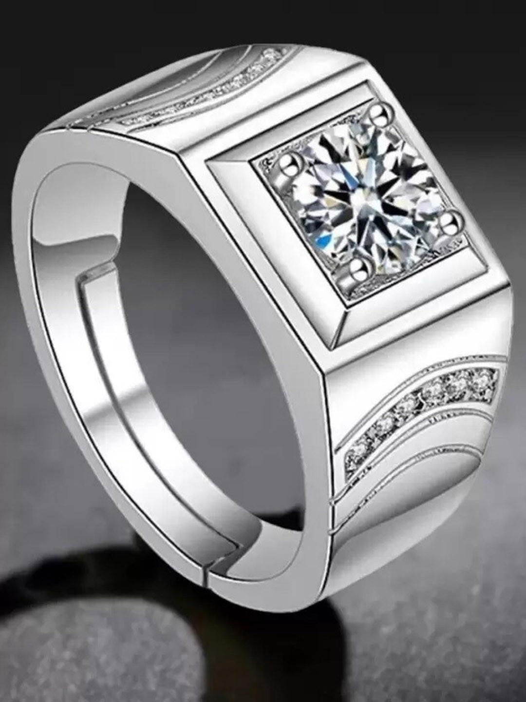 

MEENAZ Men Set Of 2 Stainless Steel Silver Plated AD Studded Adjustable Finger Rings
