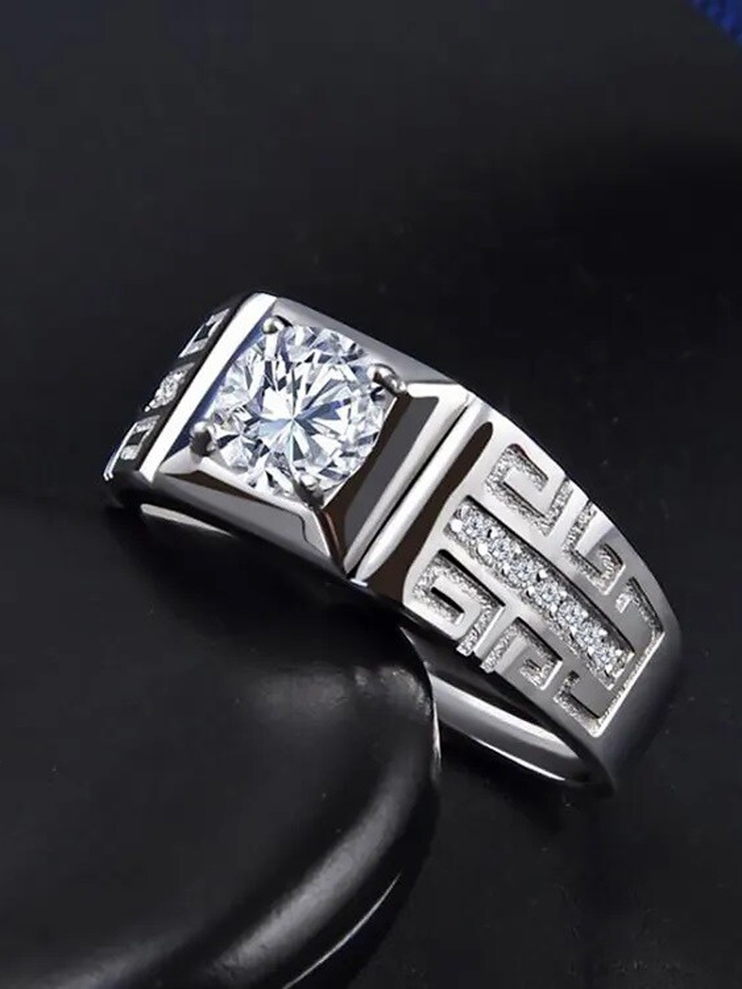

MEENAZ Men Set Of 2 Stainless Steel Silver Plated AD Studded Adjustable Finger Rings