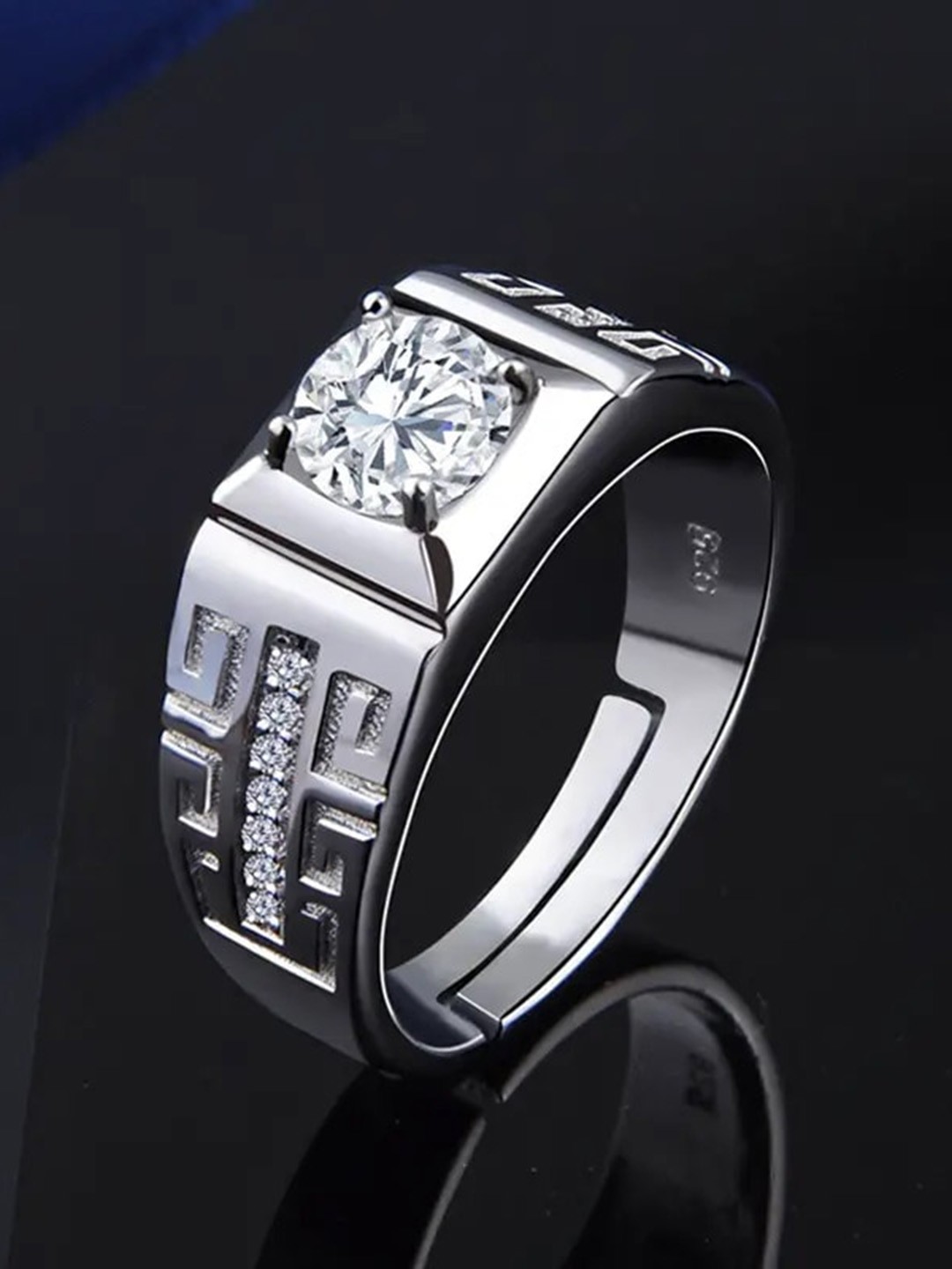 

MEENAZ Men Set Of 2 Silver-Plated AD Studded Adjustable Finger Rings
