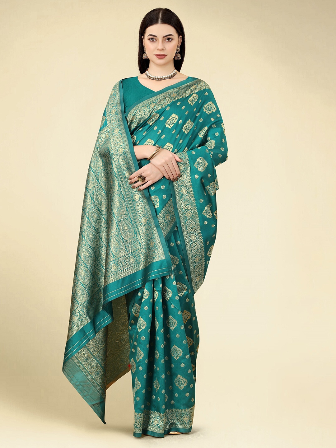 

DWIZA ENTERPRISE Ethnic Motifs Woven Design Zari Banarasi Saree, Teal