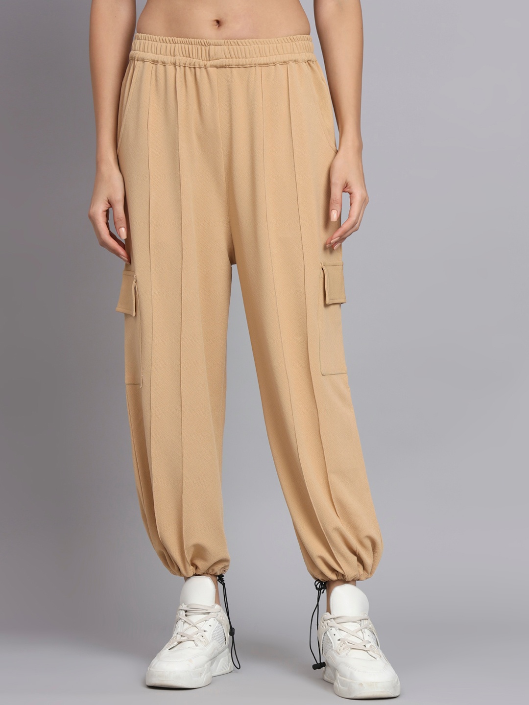 

BROOWL Women Urban Fit Mid-Rise Non Iron Cargo Style Joggers, Beige