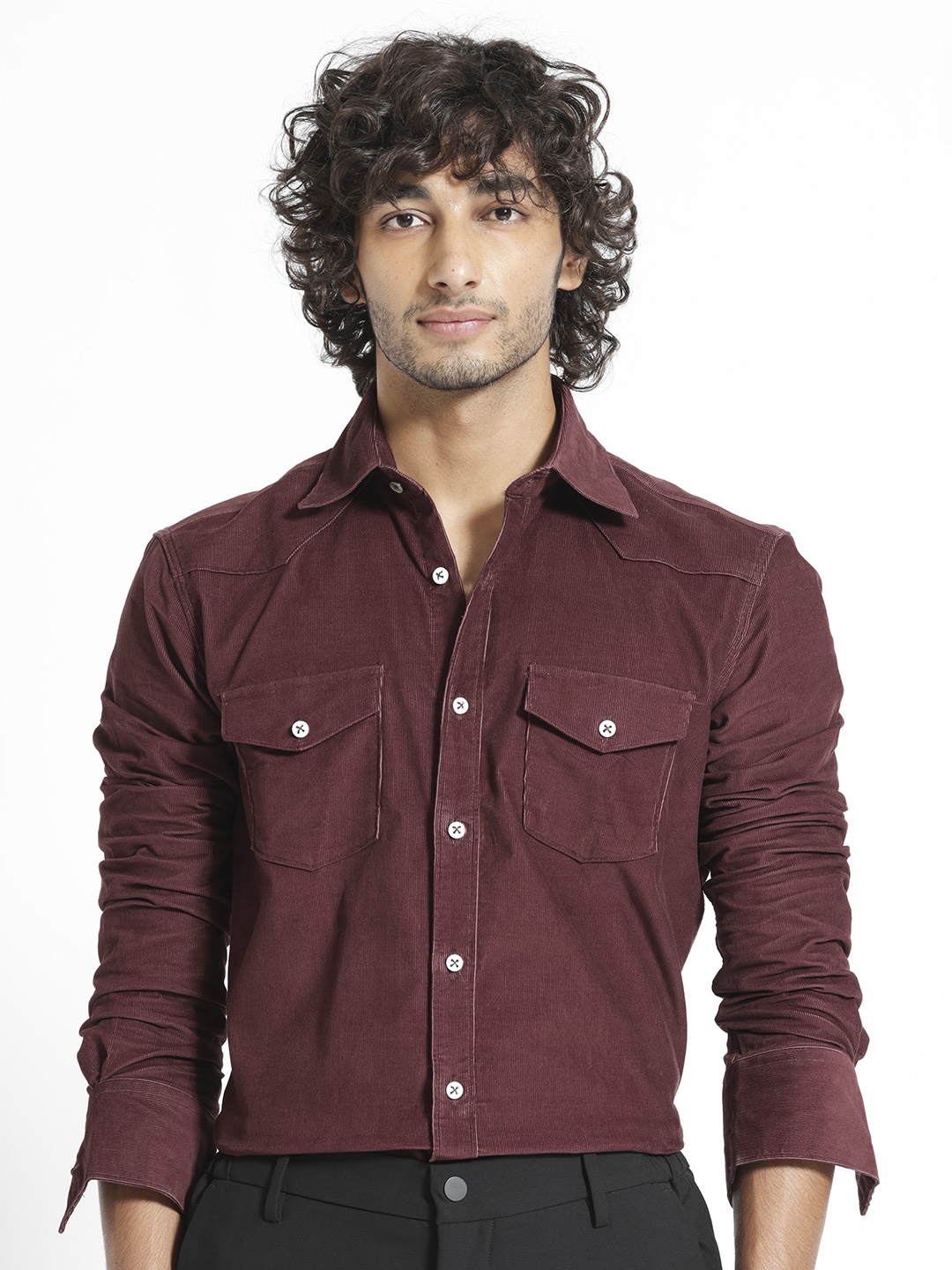 

RARE RABBIT Men Halle Slim Fit Spread Collar Chest Shirt, Maroon