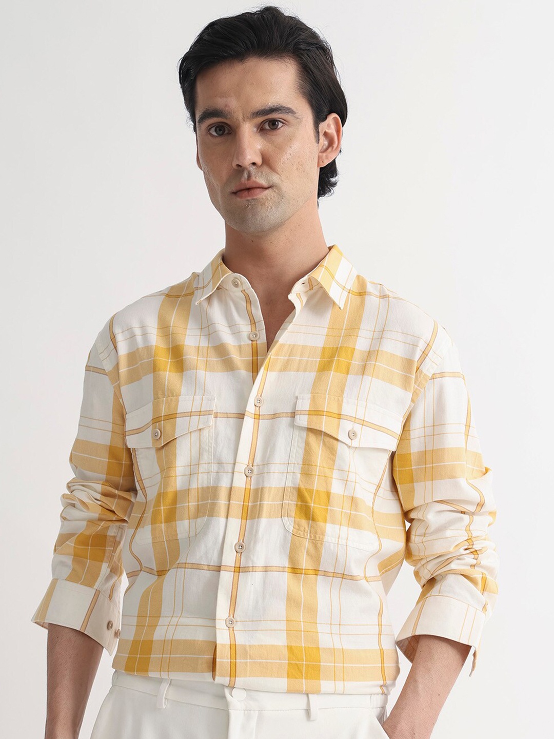 

RARE RABBIT Men Bern Tartan Checked Slim Fit Shirt, Yellow