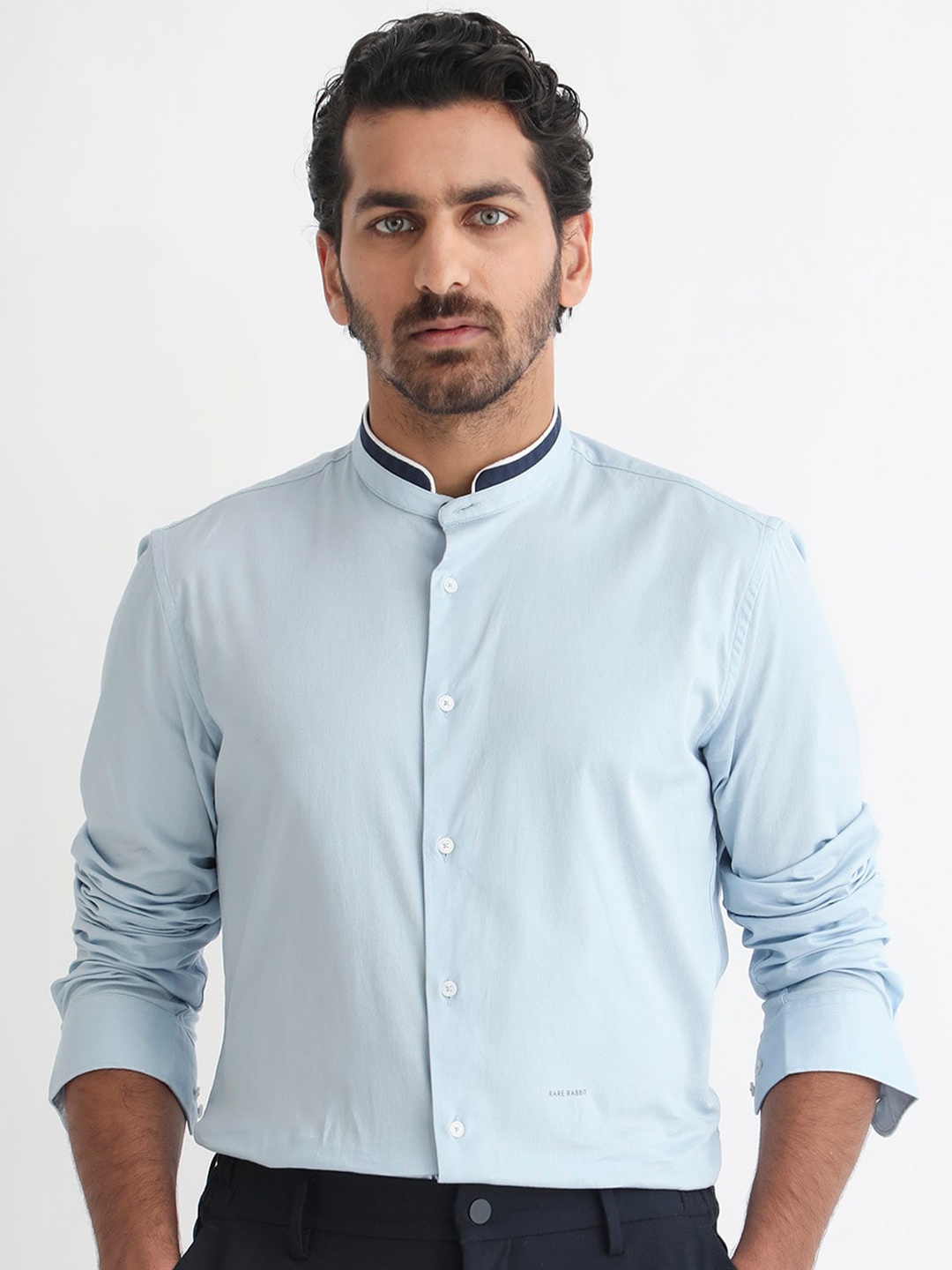 

RARE RABBIT Men Tehran Mandarin Collar Slim Fit Opaque Shirt, Blue