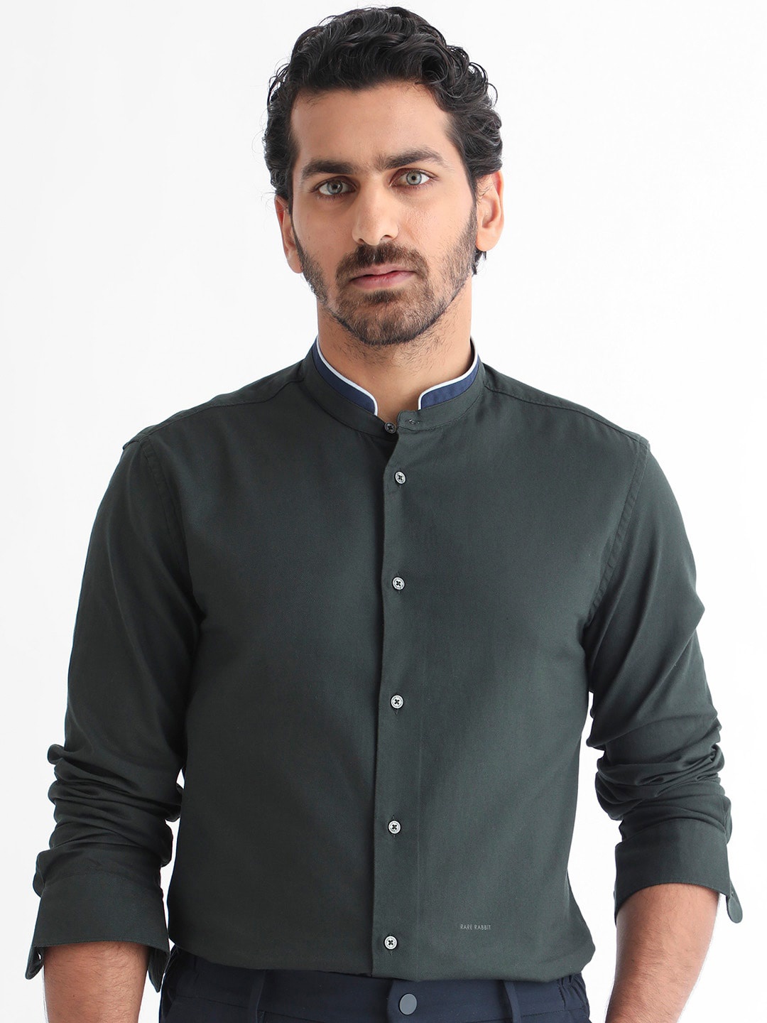 

RARE RABBIT Men Tehran Band Collar Slim Fit Shirt, Green