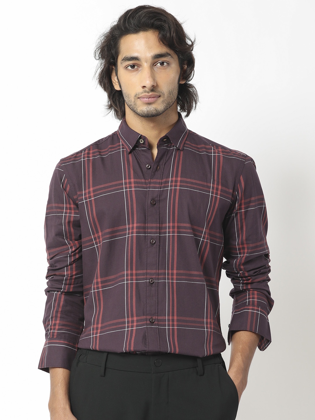 RARE RABBIT Men Juba Tartan Checked Slim Fit Shirt, Maroon