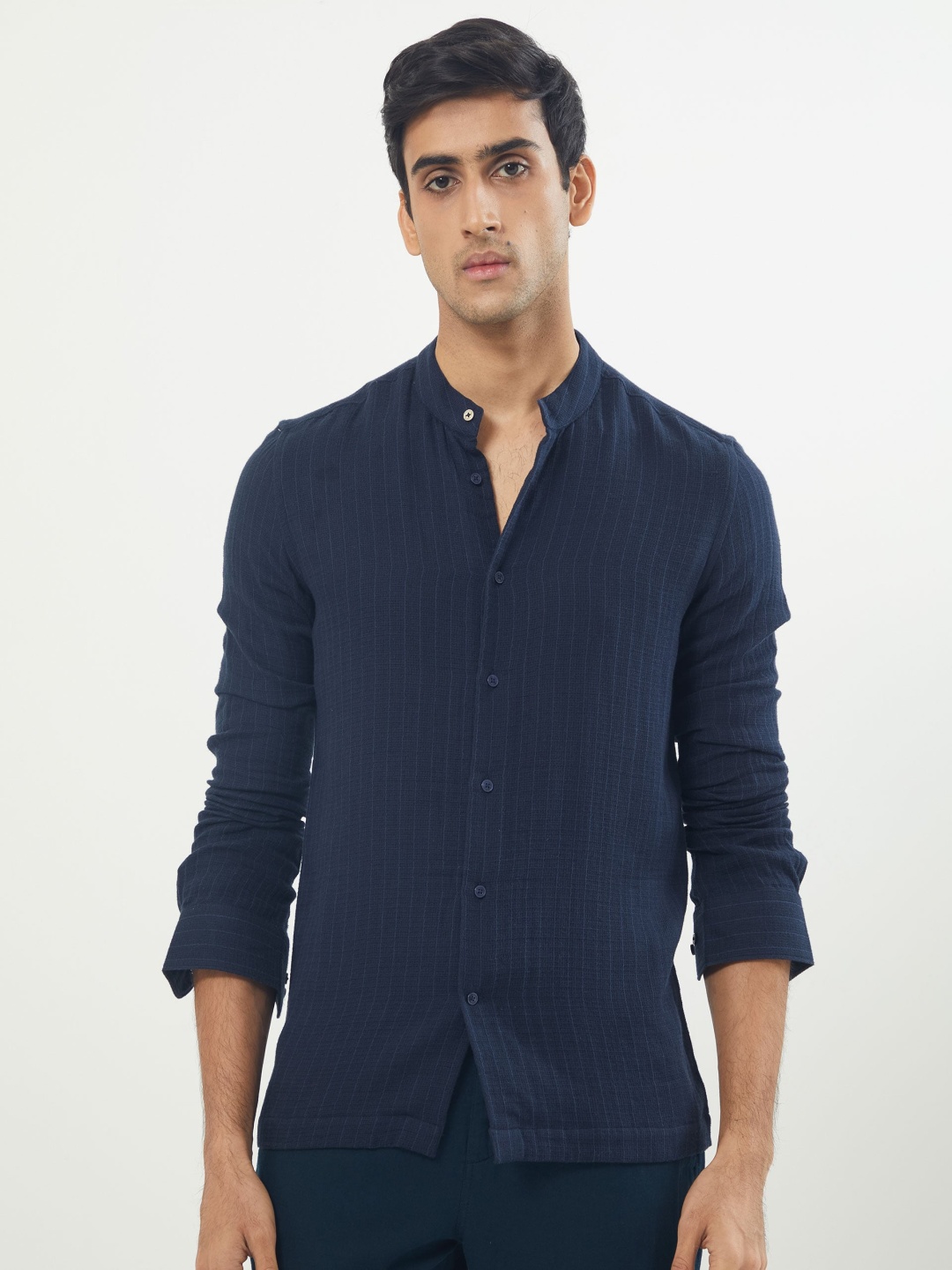 

RARE RABBIT Men Manzar Regular Fit Band Collar Opaque Striped Shirt, Navy blue