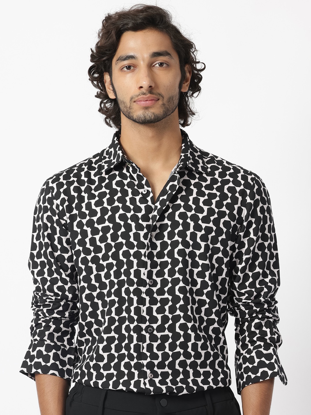 

RARE RABBIT Men Hexo Geometric Printed Slim Fit Shirt, Black