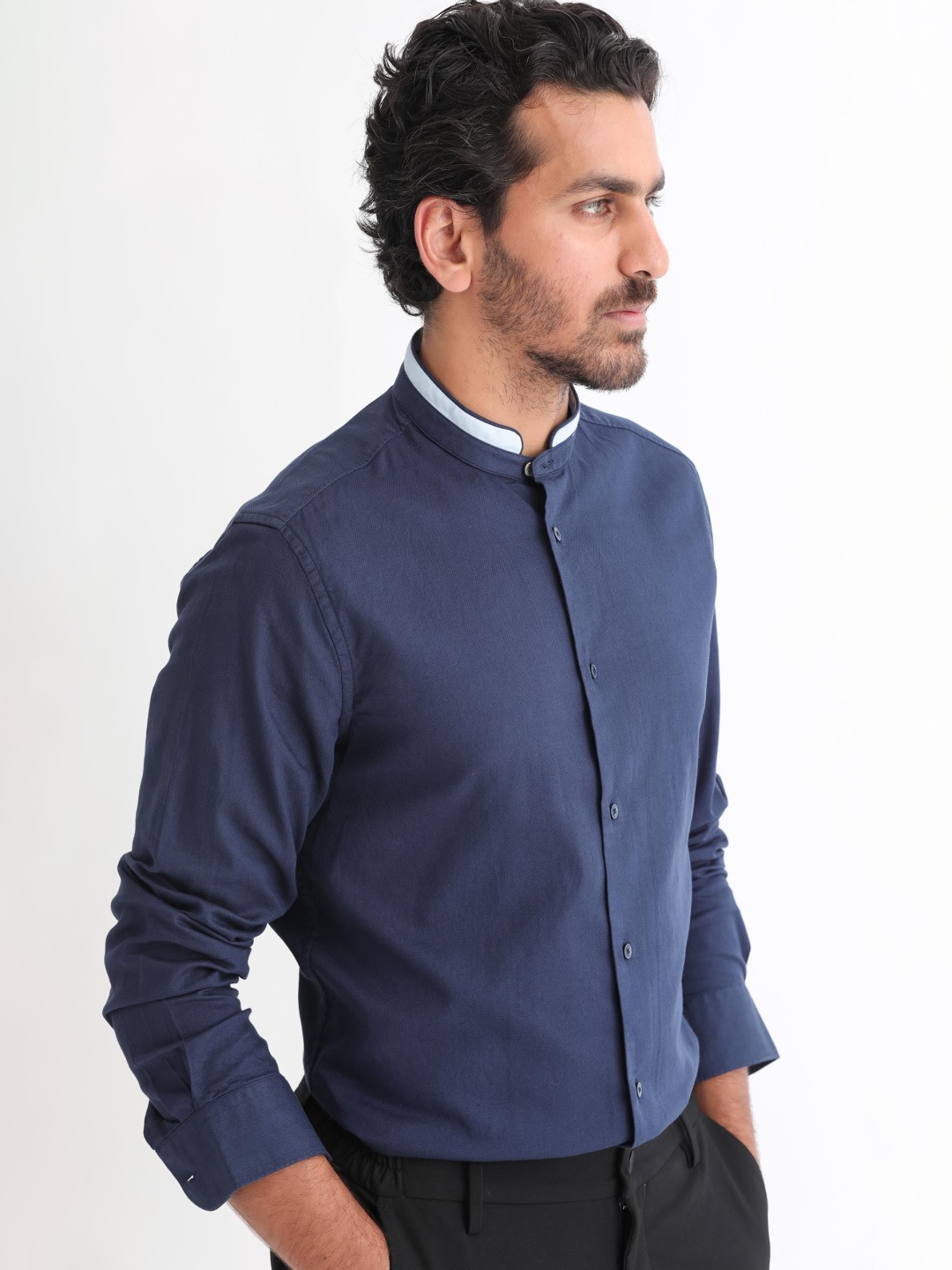 

RARE RABBIT Men Tehran Mandarin Collar Slim Fit Opaque Shirt, Navy blue