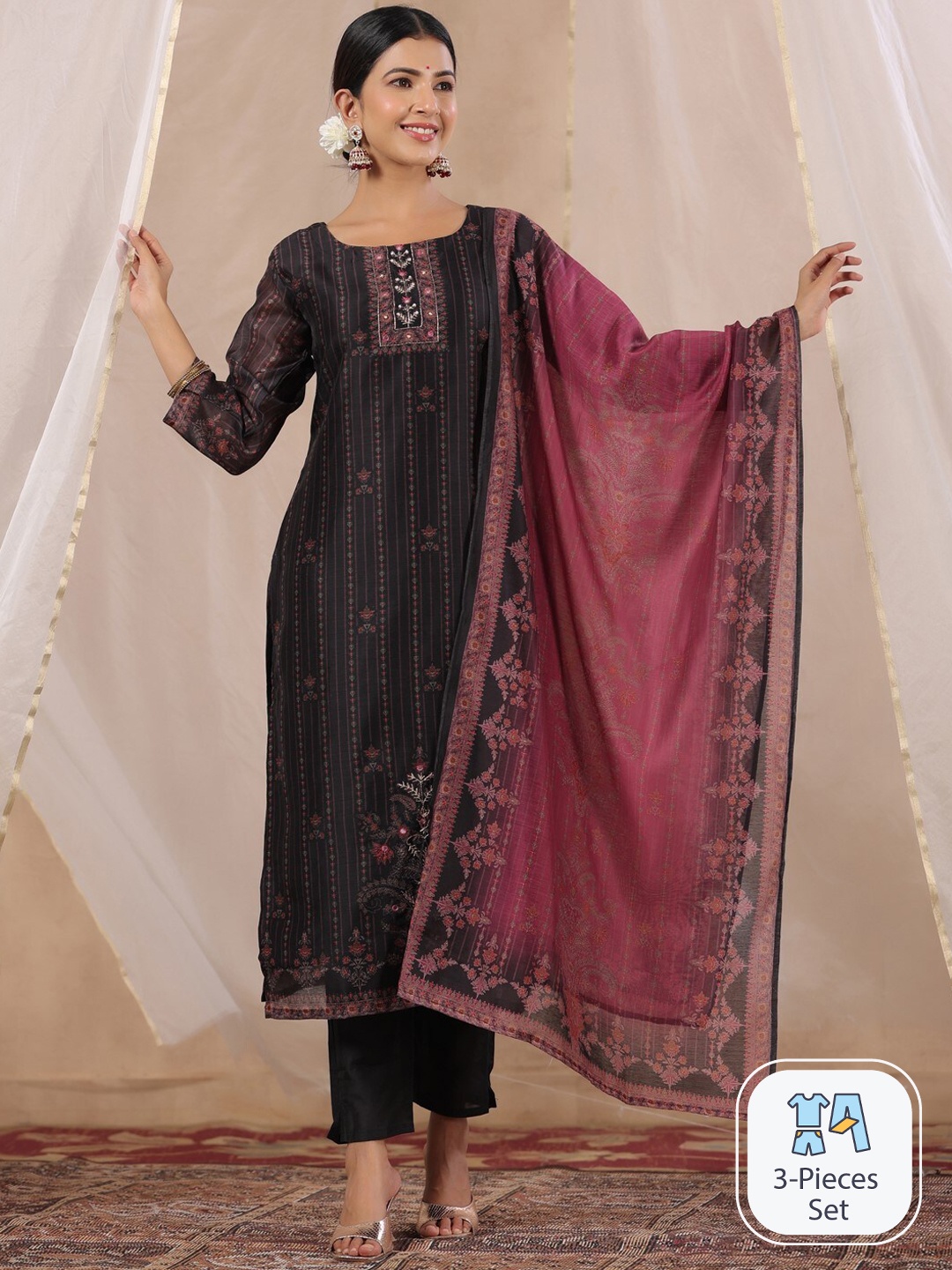 

Ishin Black & Mauve Ethnic Motifs Printed Mirror Work Kurta with Trousers & Dupatta