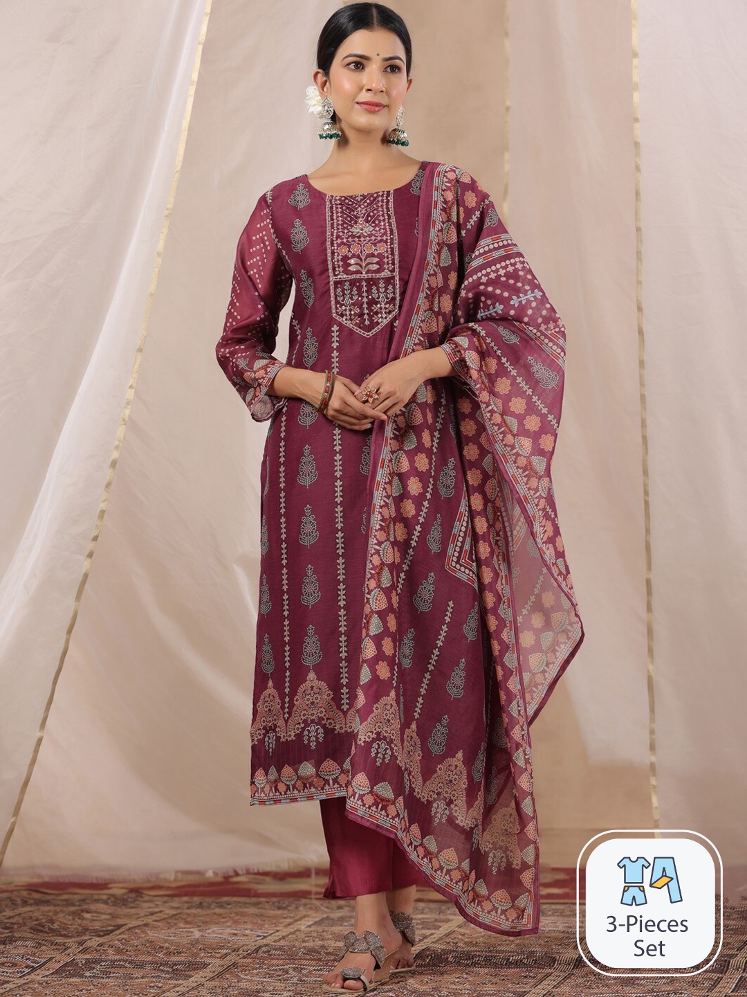 

Ishin Ethnic Motifs Printed Beads and Stones Straight Kurta & Trouser With Dupatta, Magenta