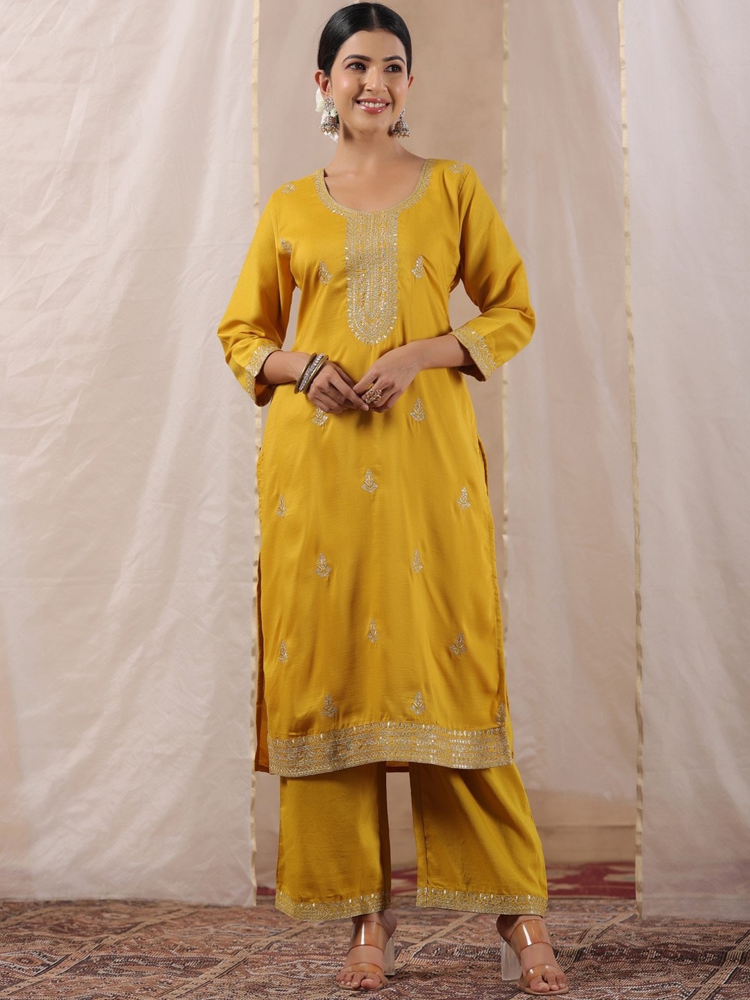 

Ishin Ethnic Motifs Embroidered Detail Silk Kurta, Mustard