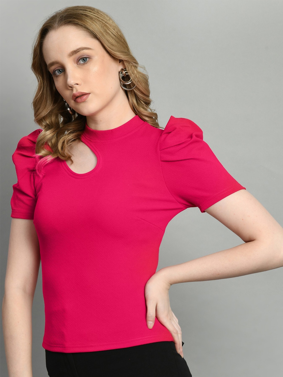 

Moshe High Neck Puff Sleeves Cut Out Top, Magenta