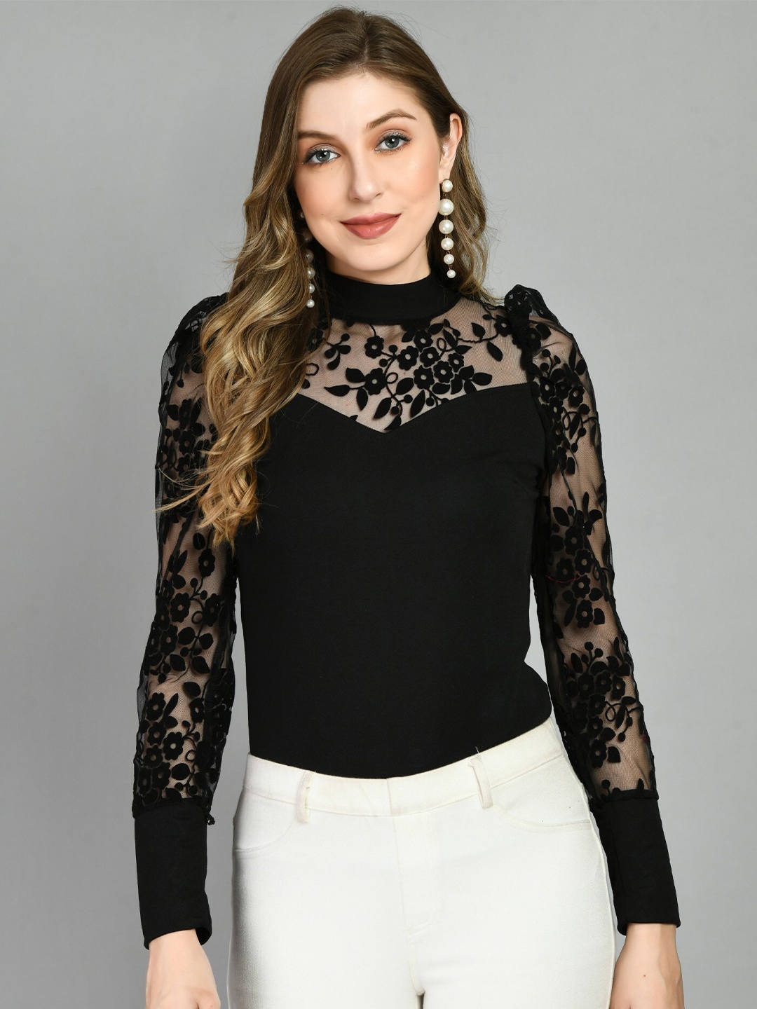 

Moshe High Neck Lace Up Detail Puff Sleeves Top, Black