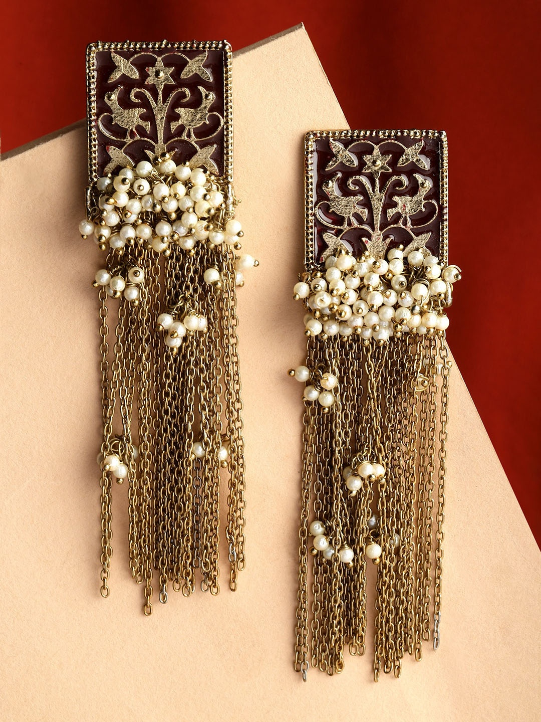

Shining Diva Fashion Gold Plated Beaded Tasselled Drop Earrings, Brown