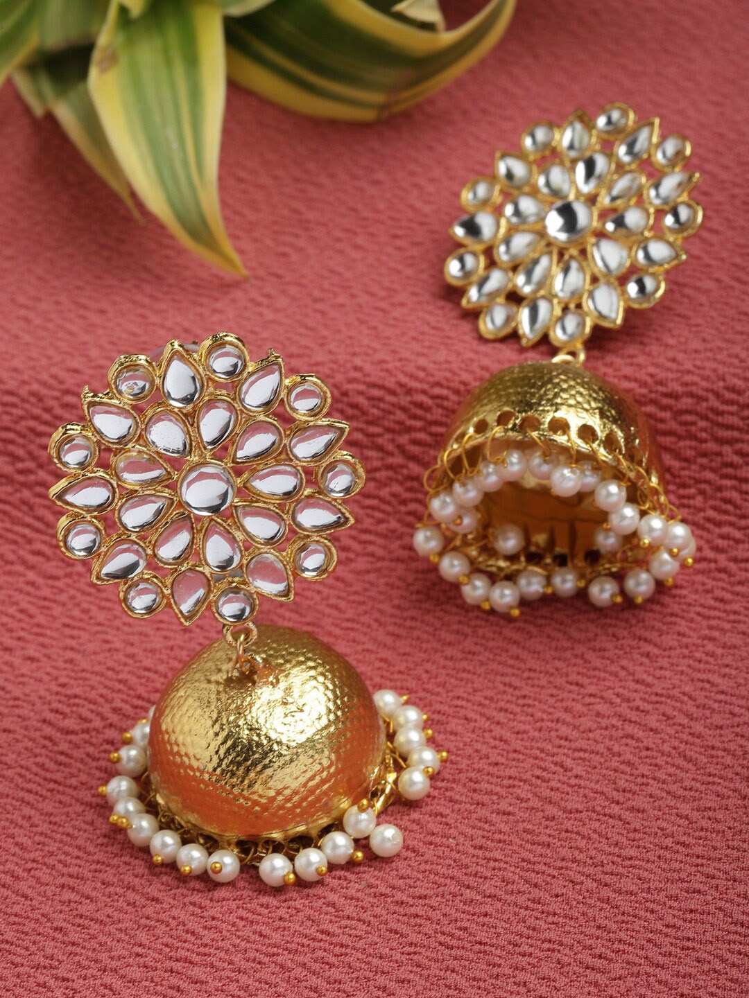 

Shining Diva Fashion Gold-Plated Kundan-Studded Contemporary Jhumkas