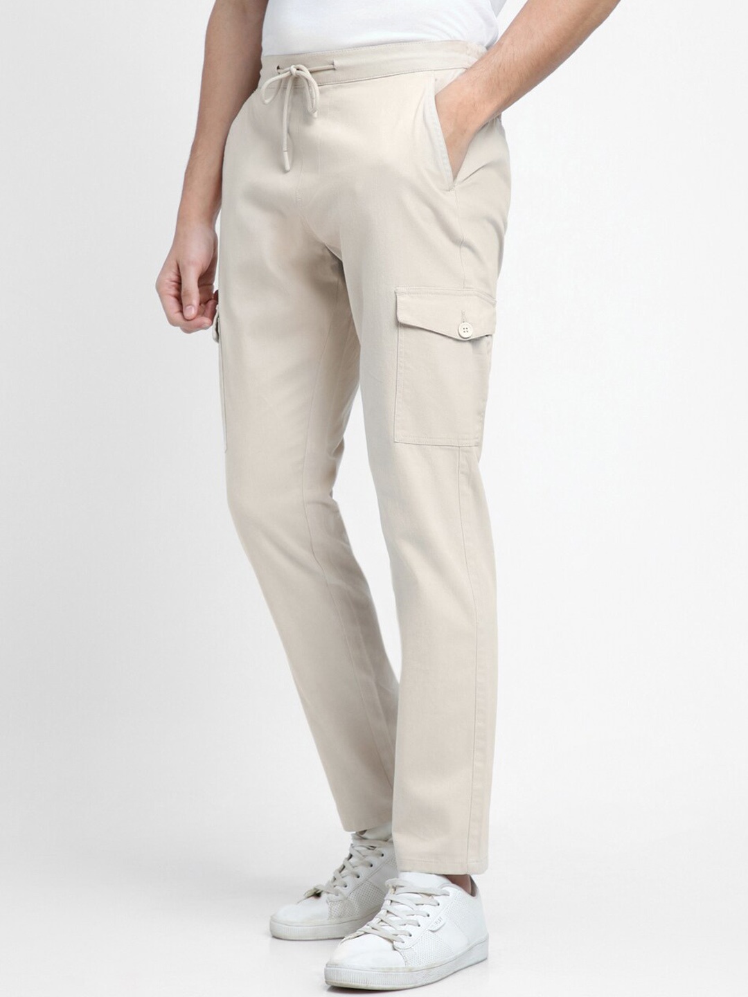 

Dennis Lingo Men Slim Fit Mid-Rise Plain Cargos, Cream