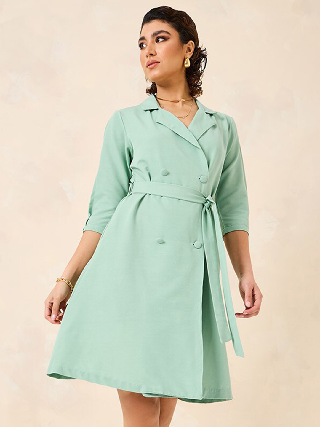 

Styli Notch Lapel Blazer Knee Length Dress With Tie Belt, Green