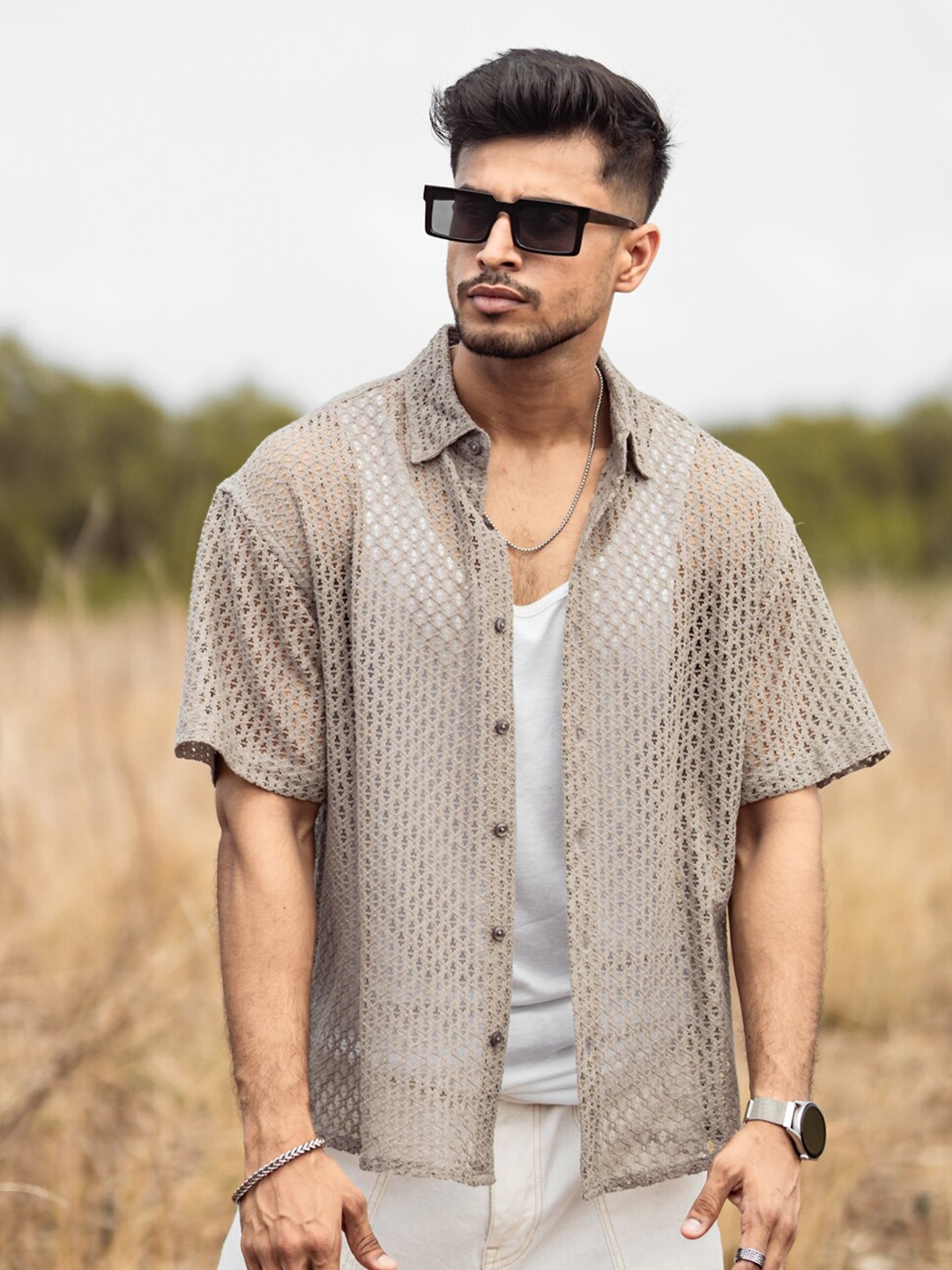 

Powerlook India Slim Fit Self Design Sheer Cotton Oversized Casual Crochet Shirt, Grey