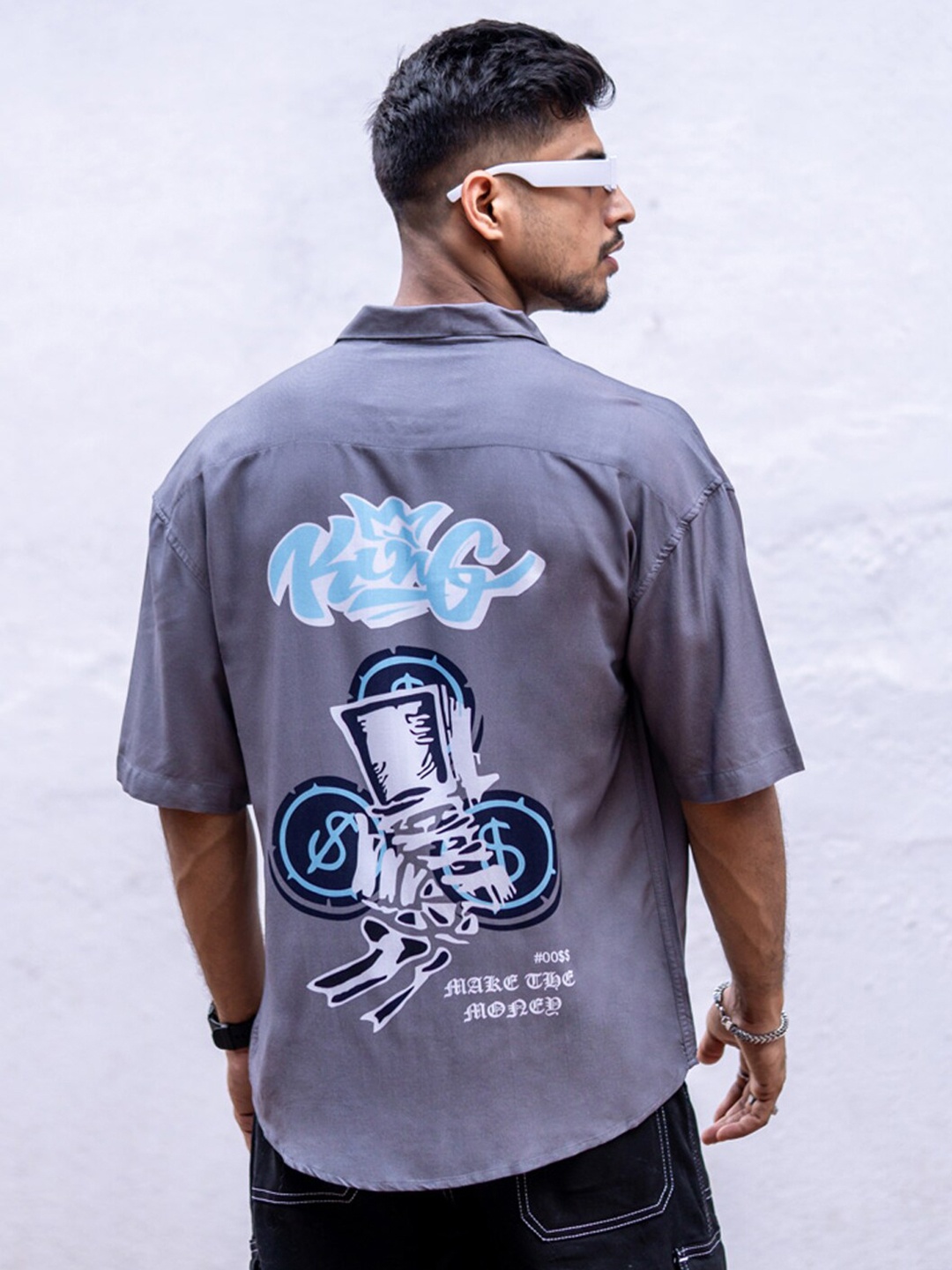 

Powerlook India Slim Fit Graphic Printed Cotton Oversized Casual Shirt, Grey