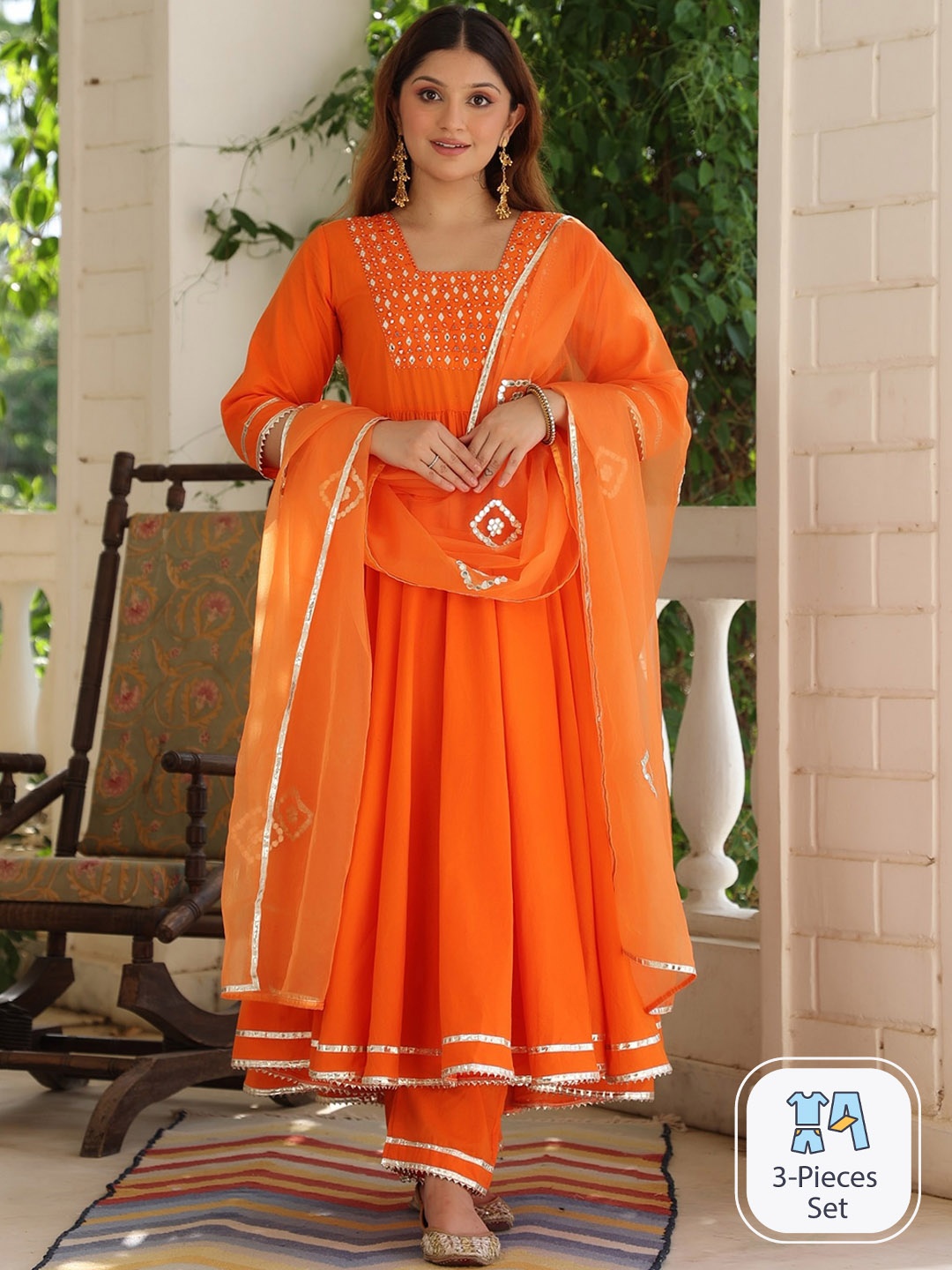 

PINKVILLE JAIPUR Ethnic Motif Mirror Work Cotton Anarkali Kurta & Trousers With Dupatta, Orange