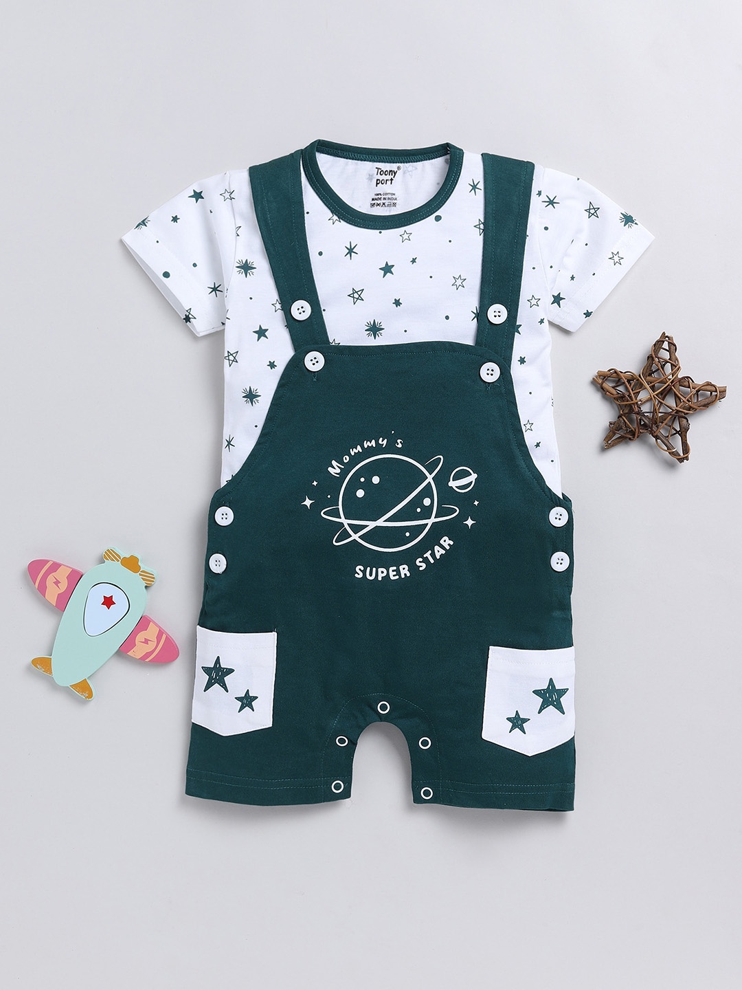 

Toonyport Kids Space Graphic Printed Pure Cotton Dungarees With T-shirt, White