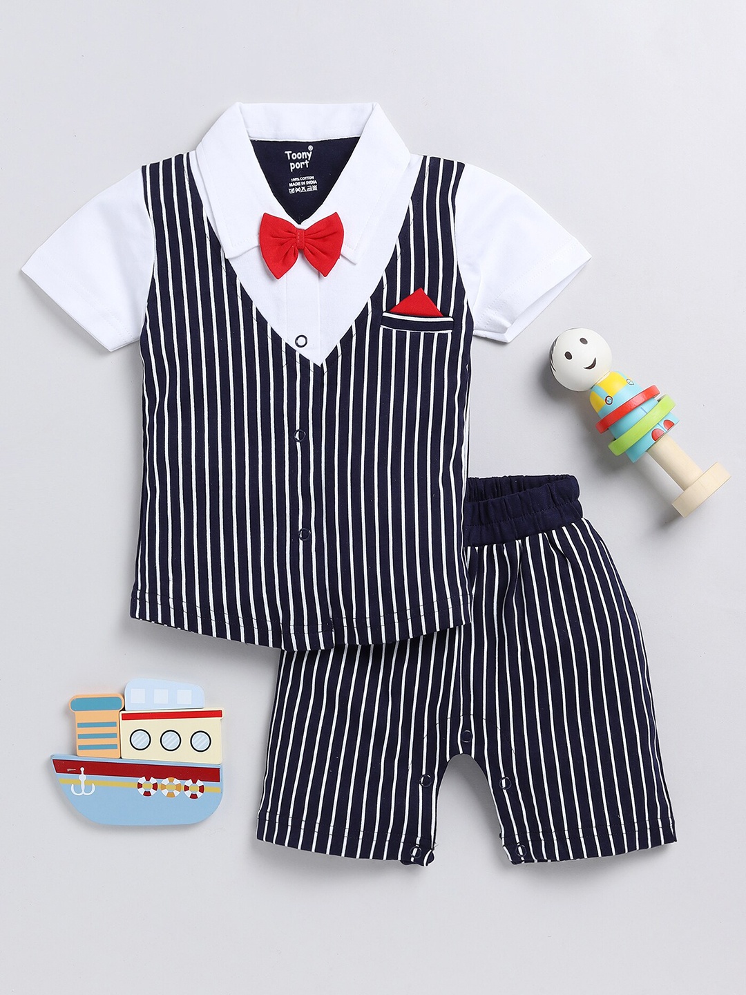 

Toonyport Kids Striped Pure Cotton Shirt With Shorts, Navy blue
