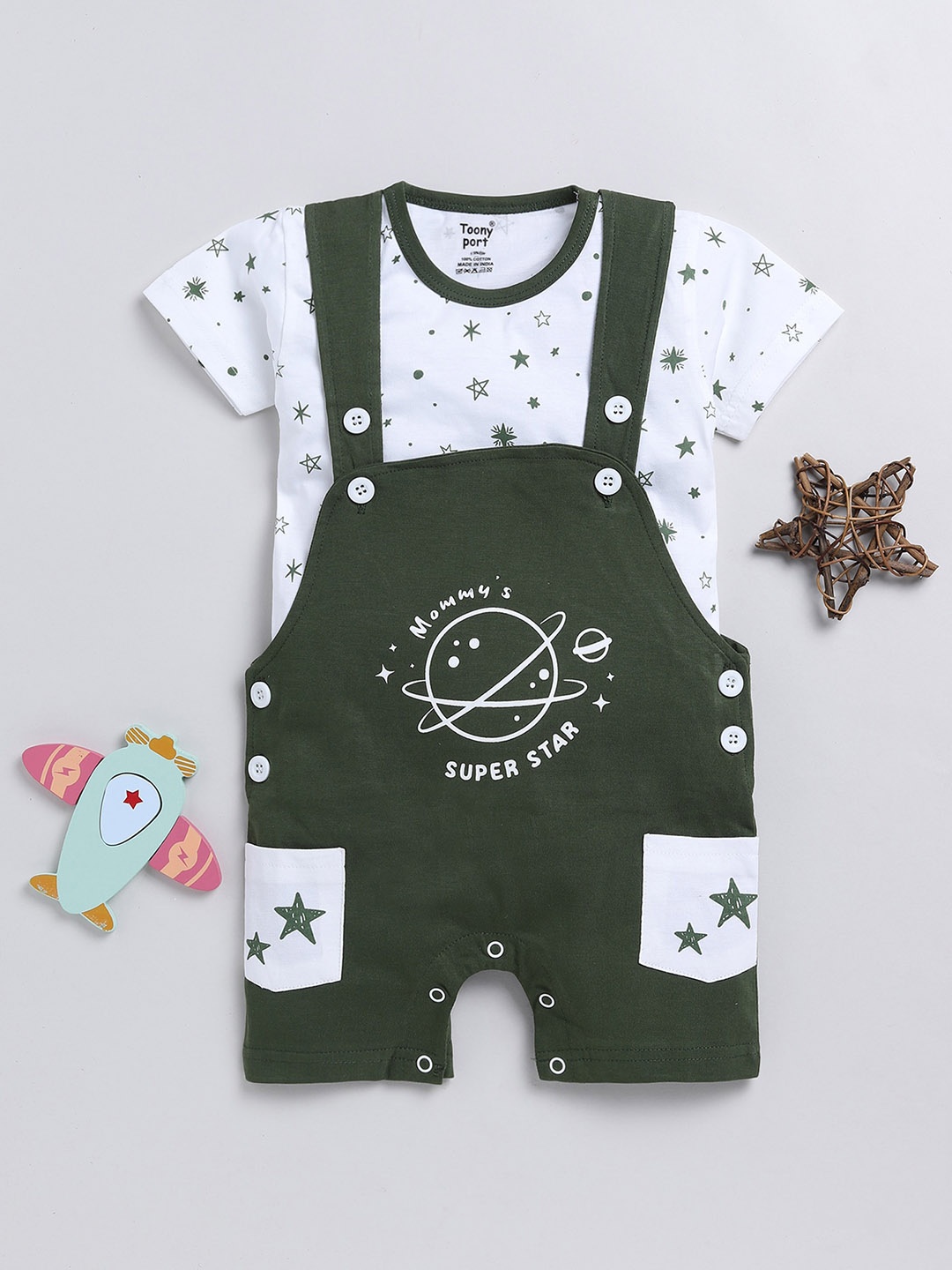 

Toonyport Conversational Printed Round Neck Short Sleeve Cotton Clothing Set, Green