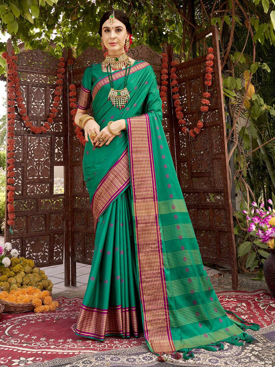 

Anouk Green & Pink Ethnic Motifs Woven Design Zari Banarasi Saree