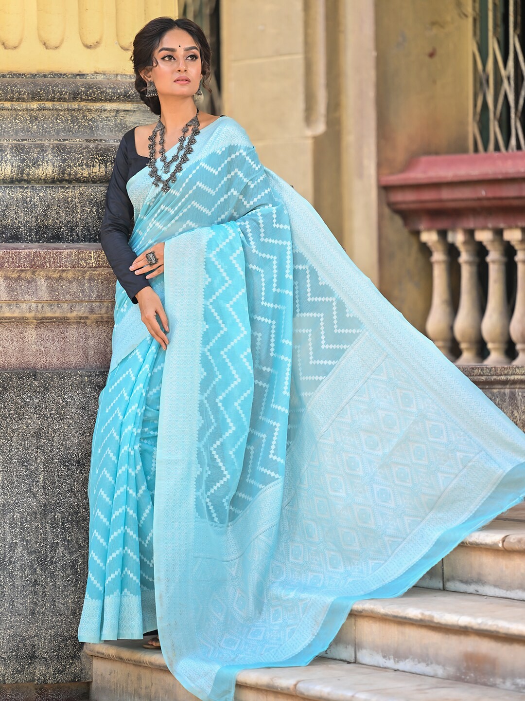 

Anouk Geometric Printed Pure Cotton Chanderi Saree, Blue