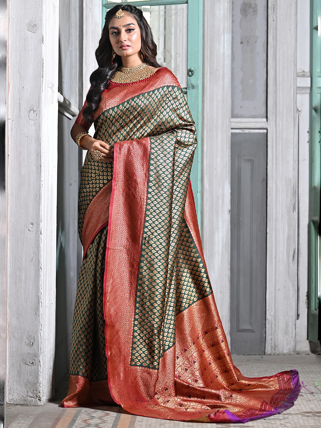 

Anouk Woven Design Zari Kanjeevaram Saree, Green
