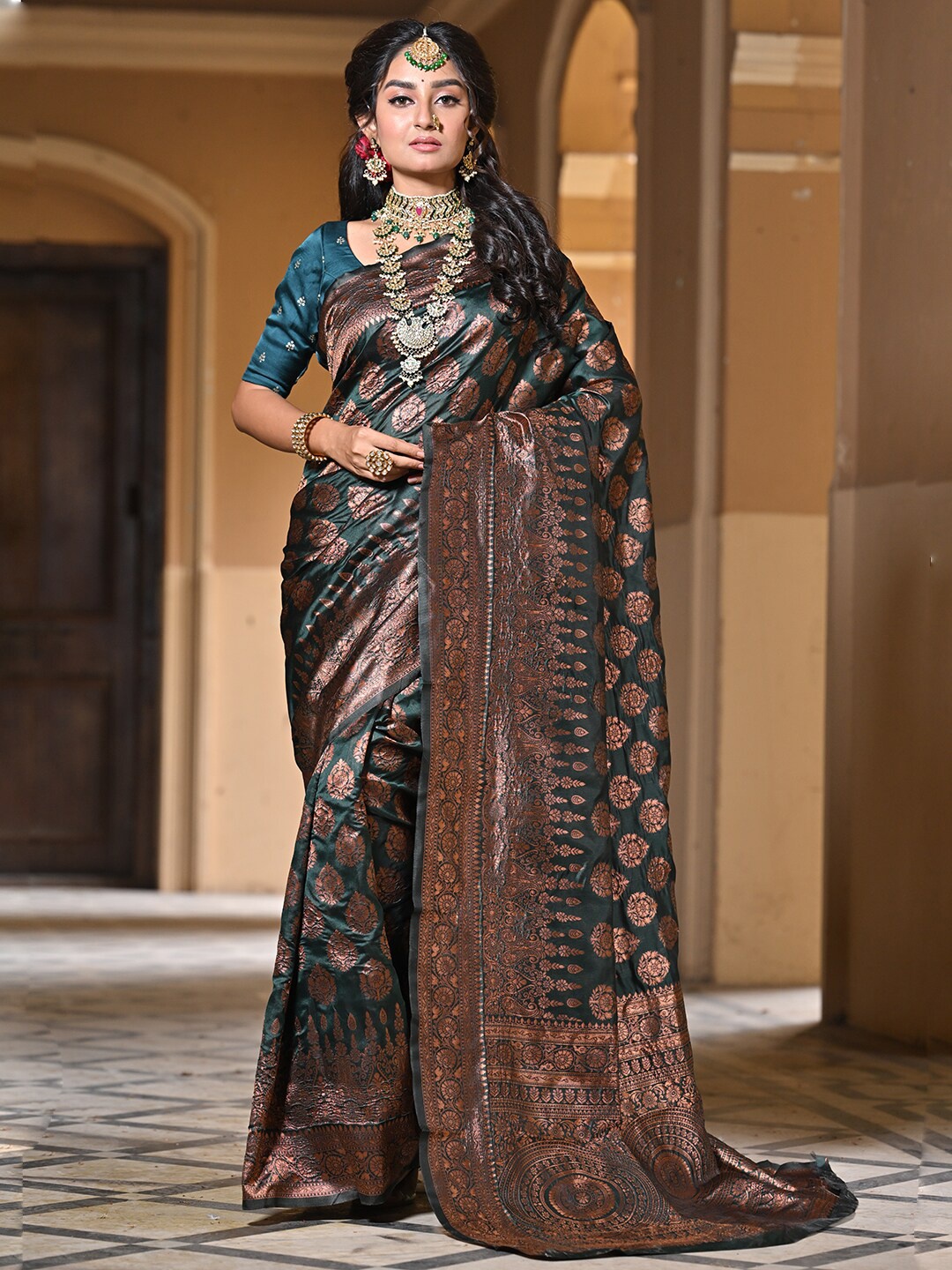 

Anouk Turquoise Woven Design Zari Art Silk Banarasi Saree, Turquoise blue