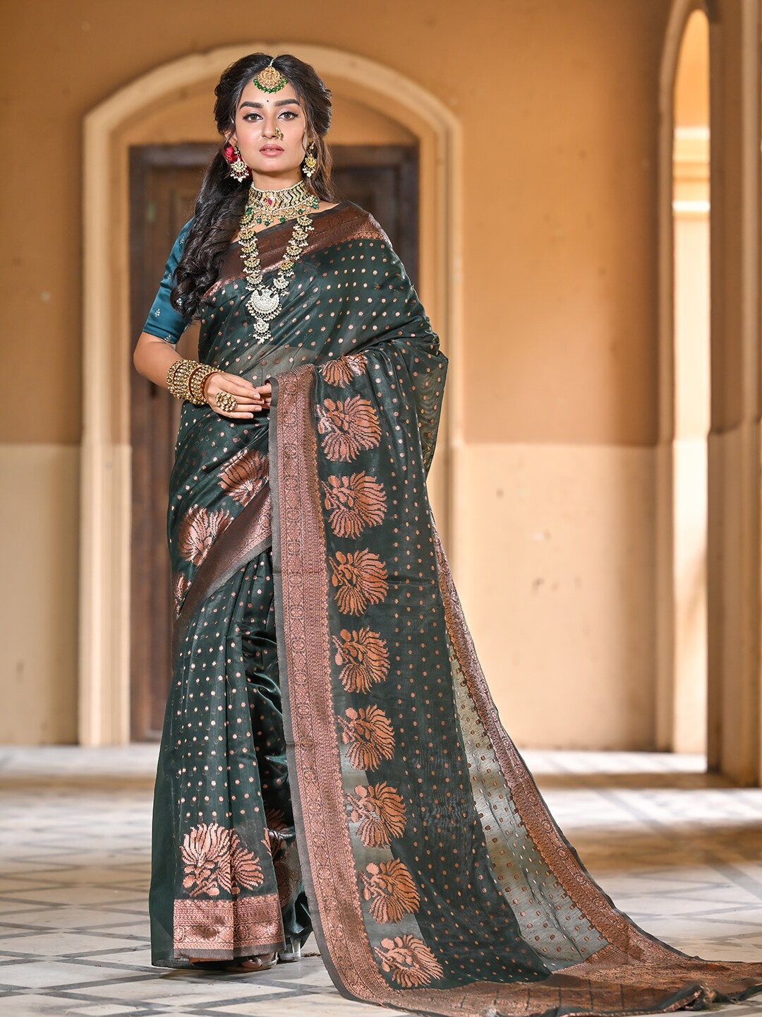 

Anouk Woven Design Zari Pure Cotton Chanderi Saree, Green