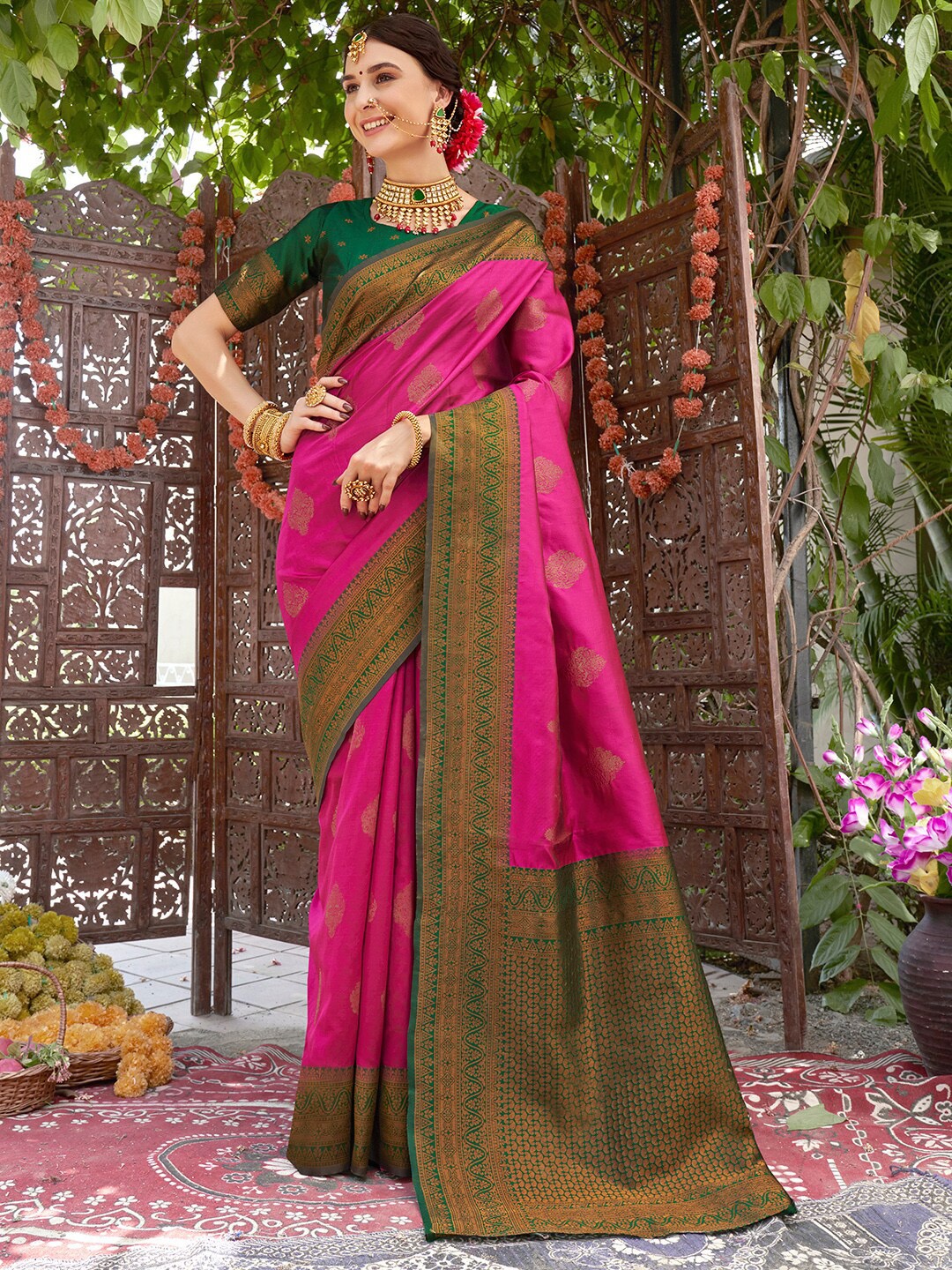 

Anouk Pink Ethnic Motif Woven Design Kanjeevaram Zari Saree