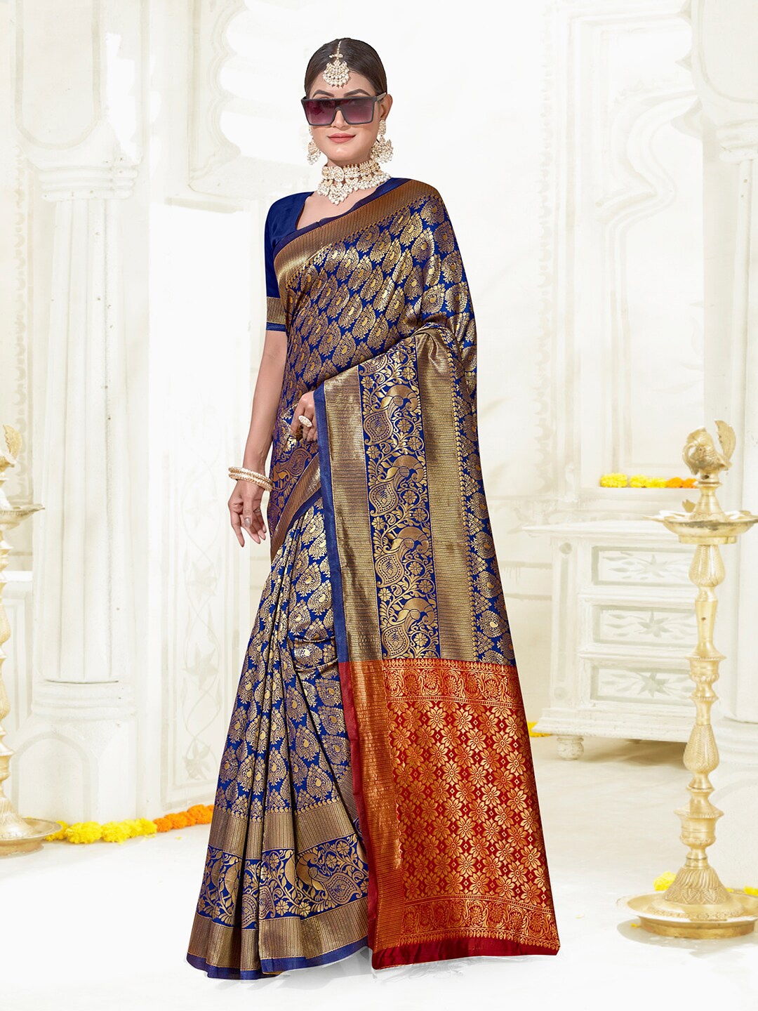 

Anouk Ethnic Motifs Woven Design Zari Art Silk Kanjeevaram Saree, Blue
