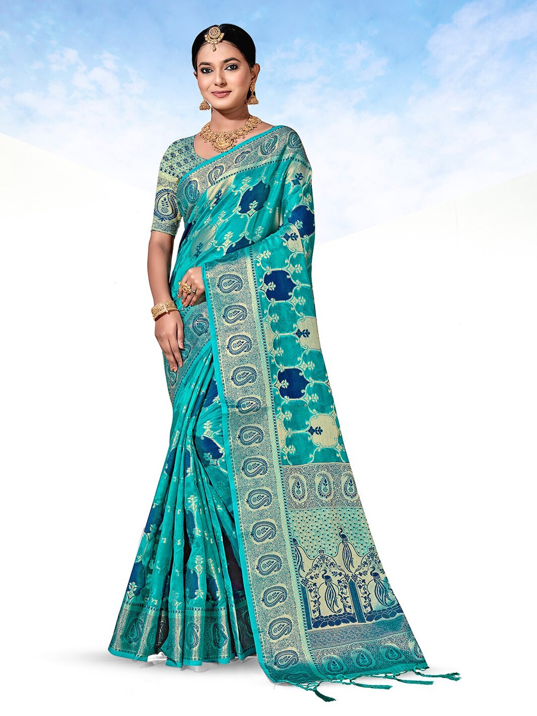 

Anouk Ethnic Motifs Woven Design Zari Organza Saree, Turquoise blue