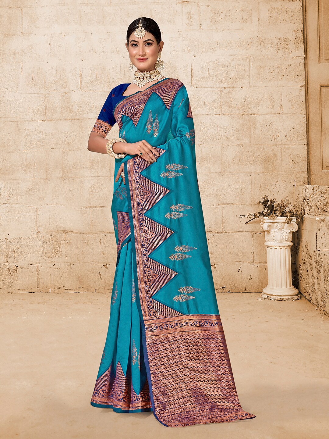 

Anouk Ethnic Motifs Woven Design Zari Art Silk Saree, Turquoise blue