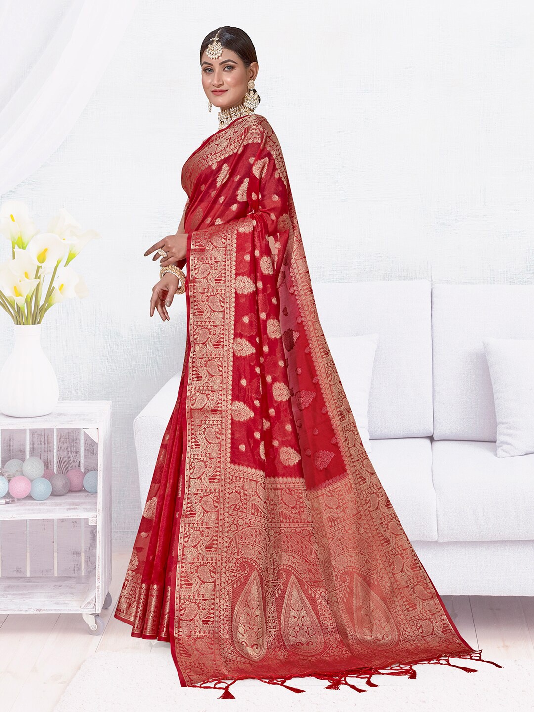 

Anouk Ethnic Motifs Woven Design Zari Detailed Saree, Red