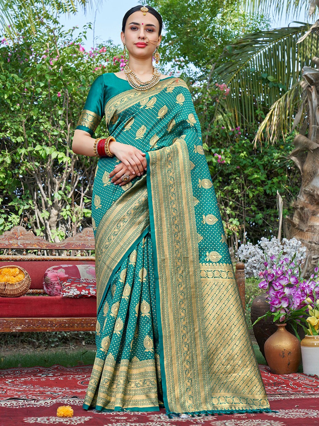 

Anouk Ethnic Motifs Woven Design Zari Banarasi Saree, Turquoise blue