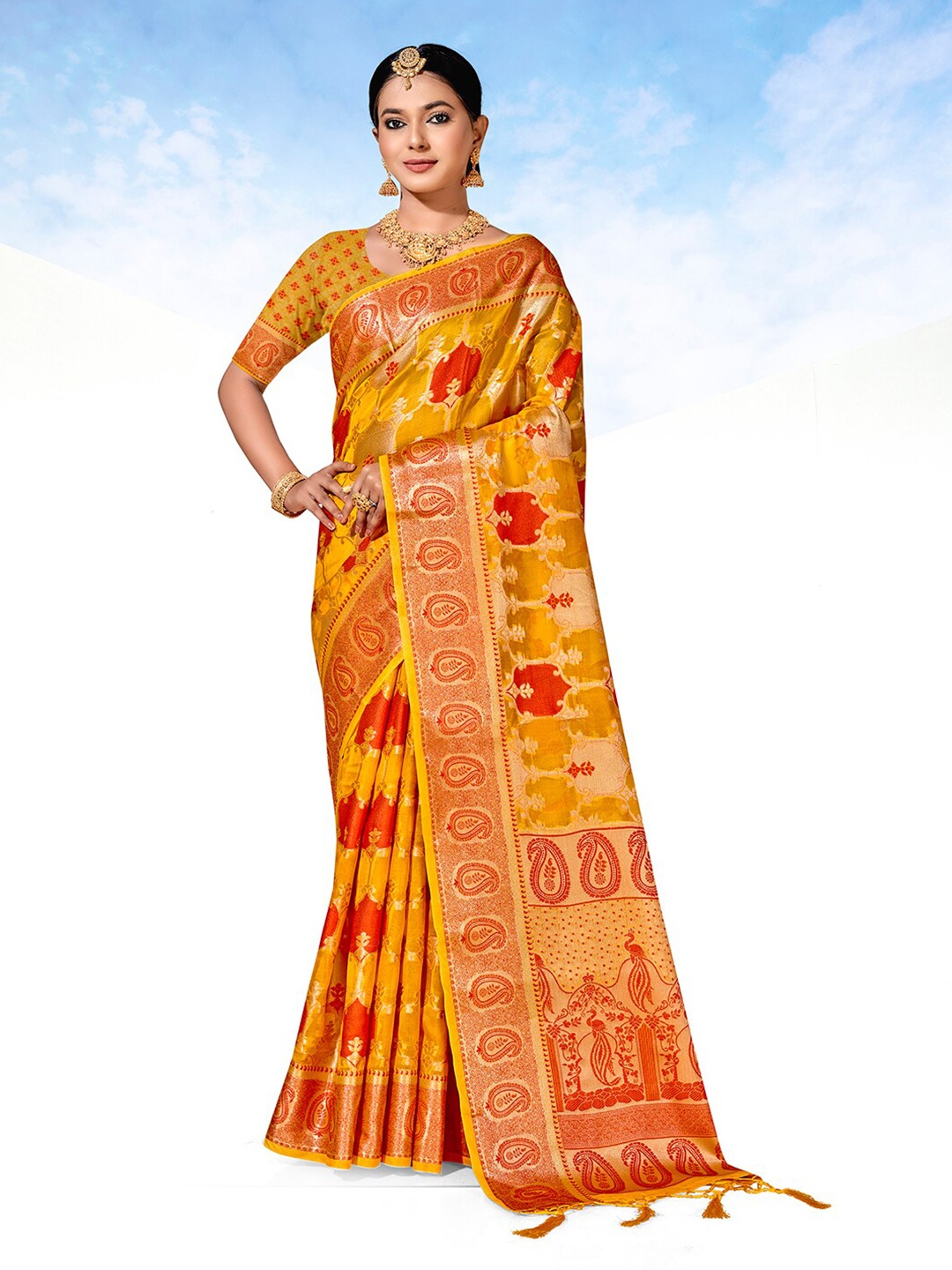 

Anouk Ethnic Motifs Woven Design Zari Organza Saree, Yellow