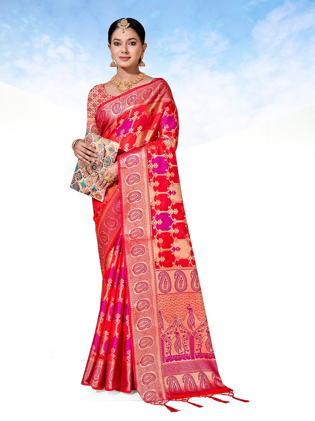 

Anouk Ethnic Motifs Woven Design Zari Organza Saree, Red