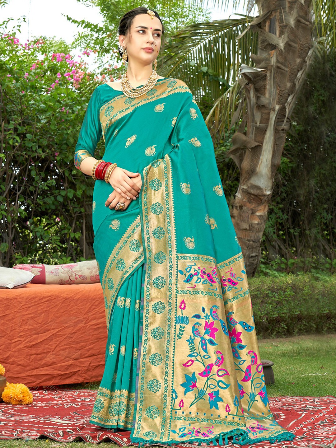 

Anouk Ethnic Motifs Woven Design Zari Banarasi Saree, Turquoise blue