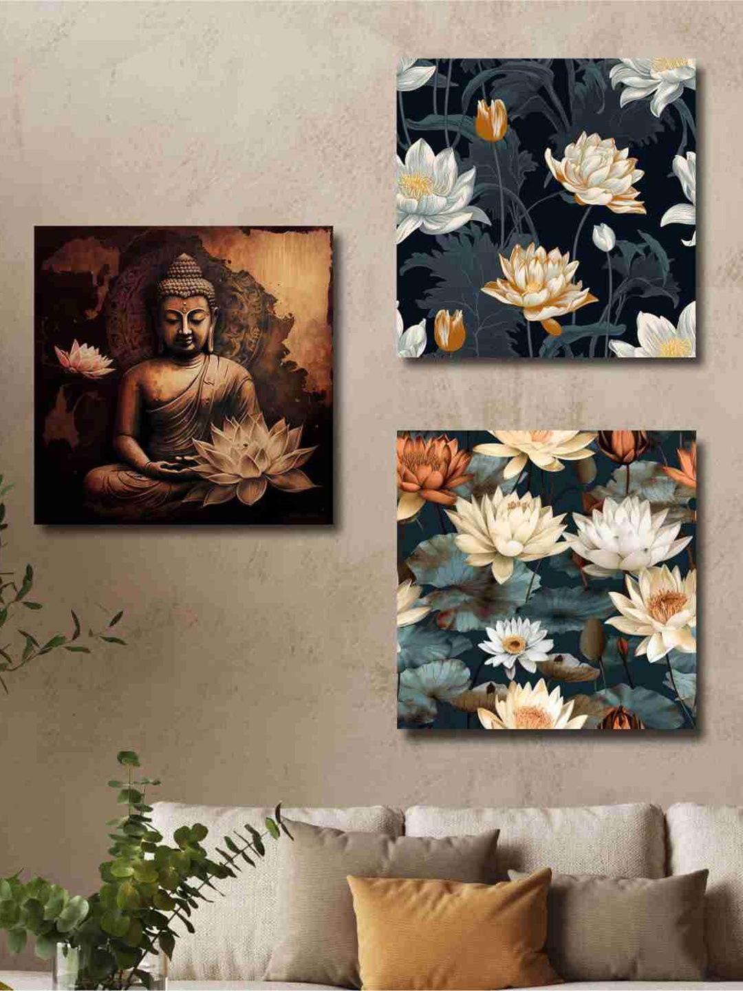 

SAF Brown & Beige 3 Pieces Buddha And Floral Printed Canvas Wall Art