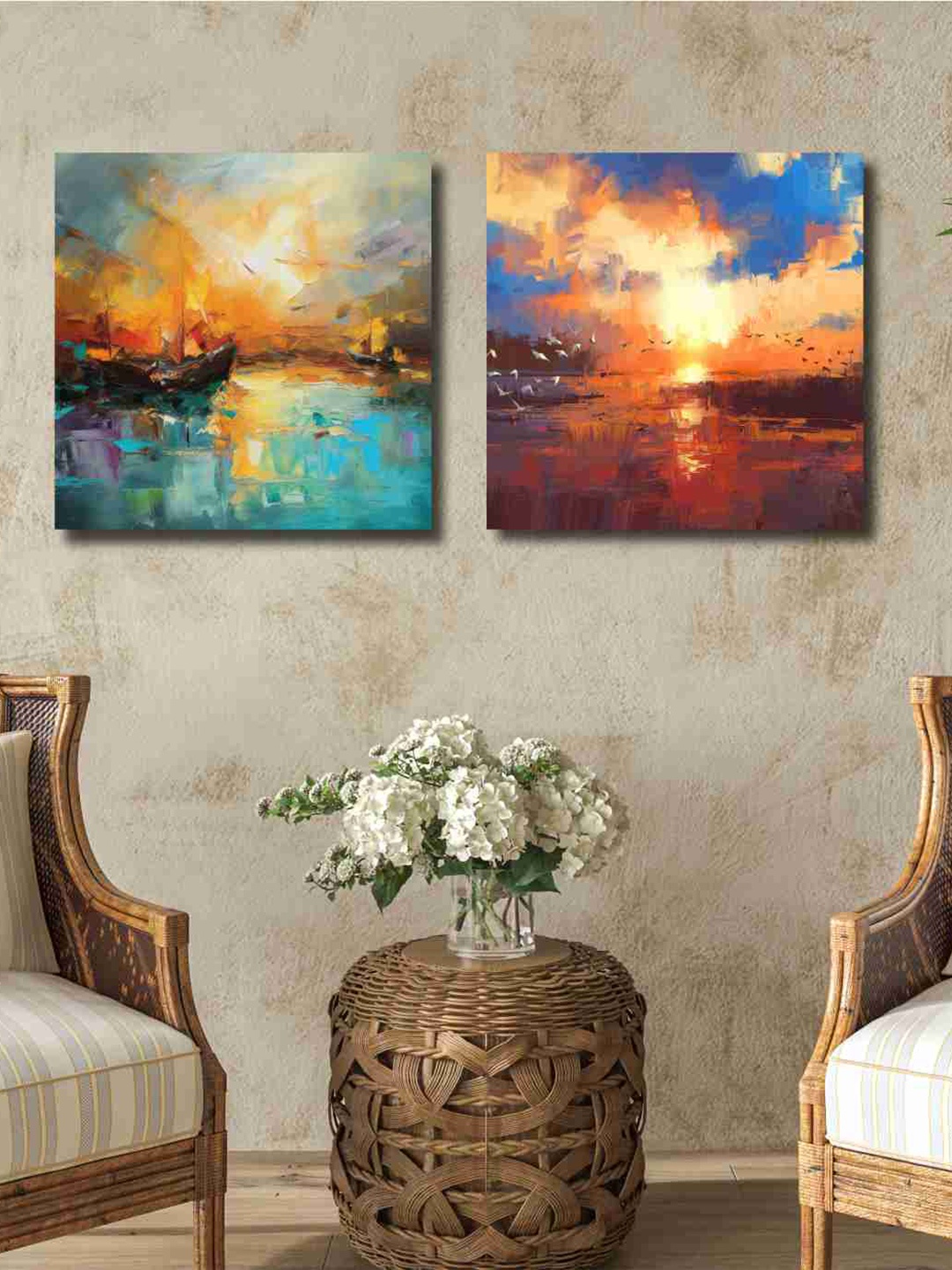 

SAF Peach-Coloured & Blue 2-Pieces Abstract Printed Canvas Wall Art