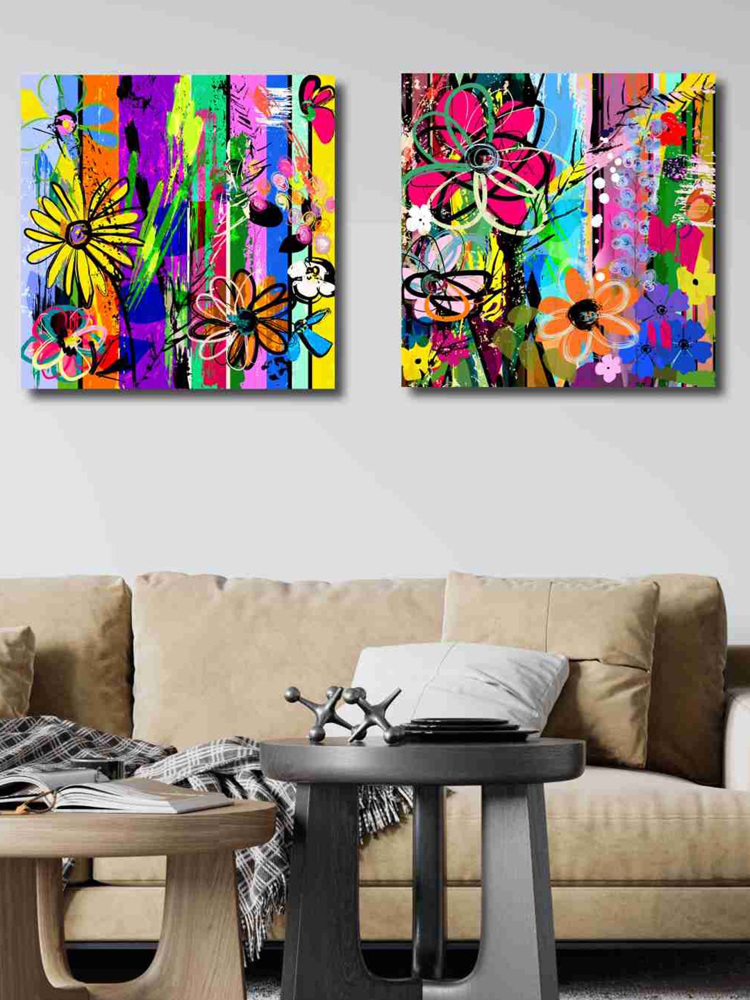 

SAF Pink & Blue 2 Pieces Floral Painting Canvas Wall Art