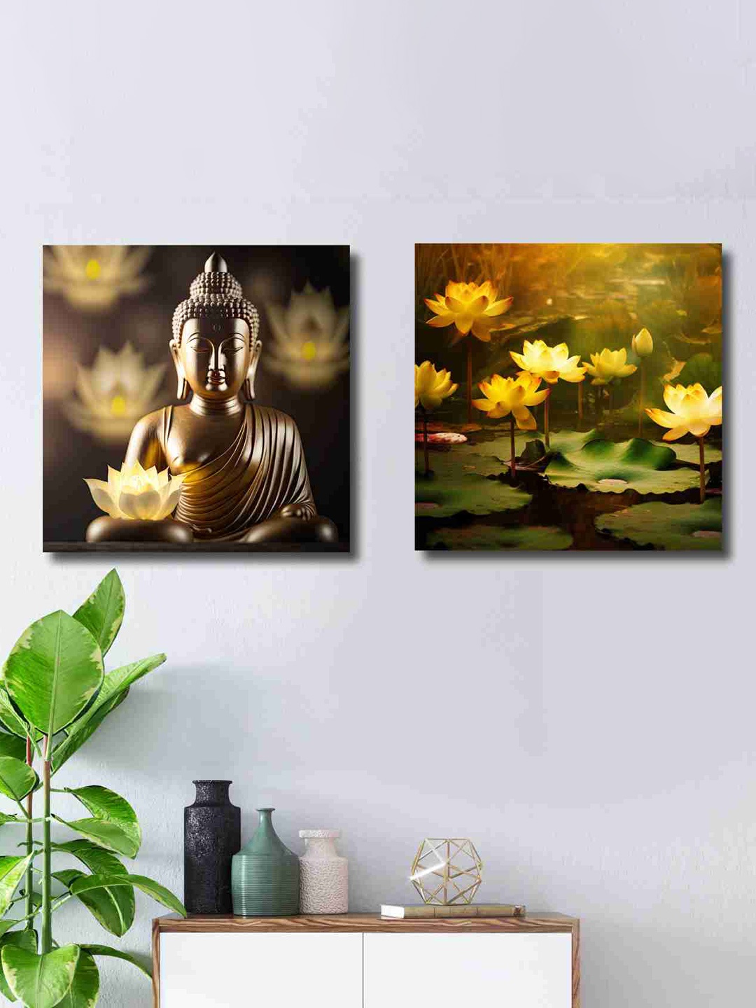 

SAF Yellow & Green 2 Pieces Lord Buddha Canvas Painting Wall Art