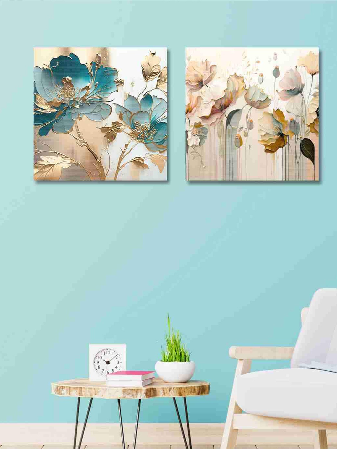 

SAF Beige & Blue 2 Pieces Floral Canvas Painting Wall Arts