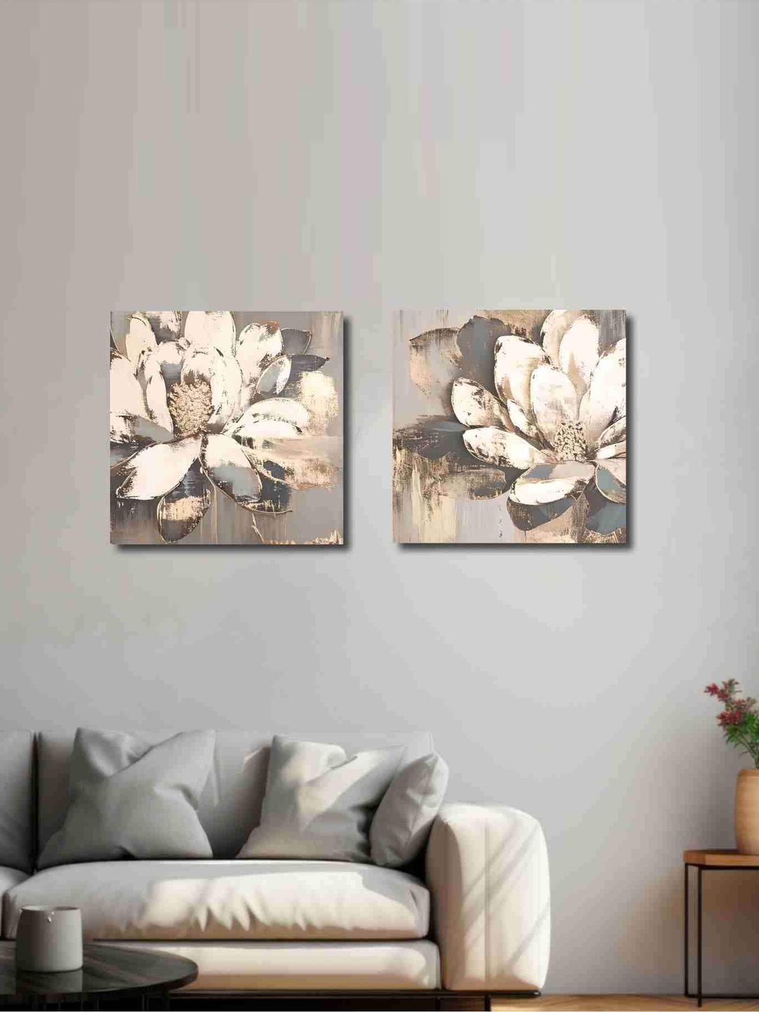 

SAF 2 Pcs Grey & Cream-Coloured Floral Printed Canvas Painting Wall Art