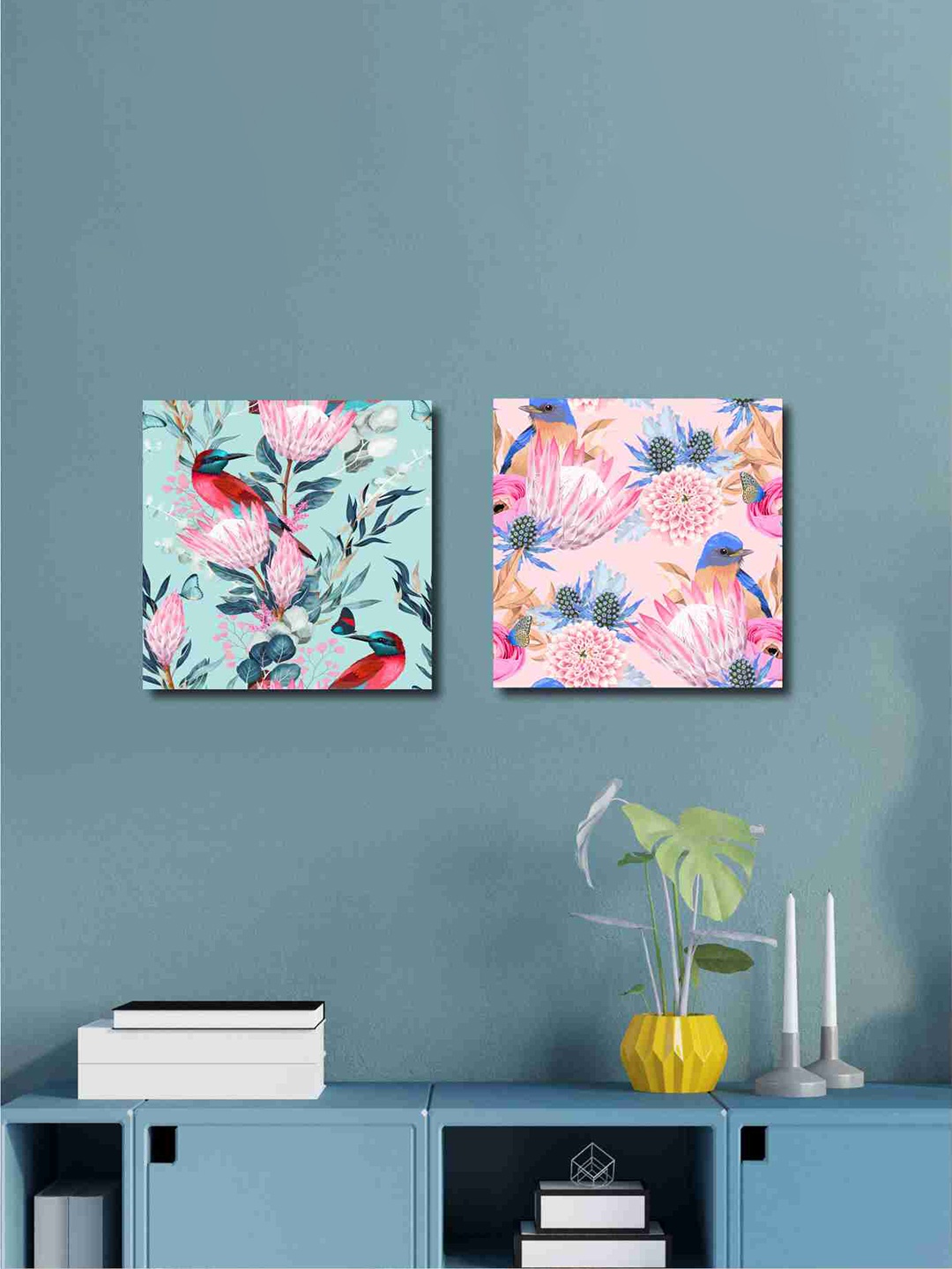 

SAF 2 Pcs Blue & Pink Floral Canvas Painting Wall Art
