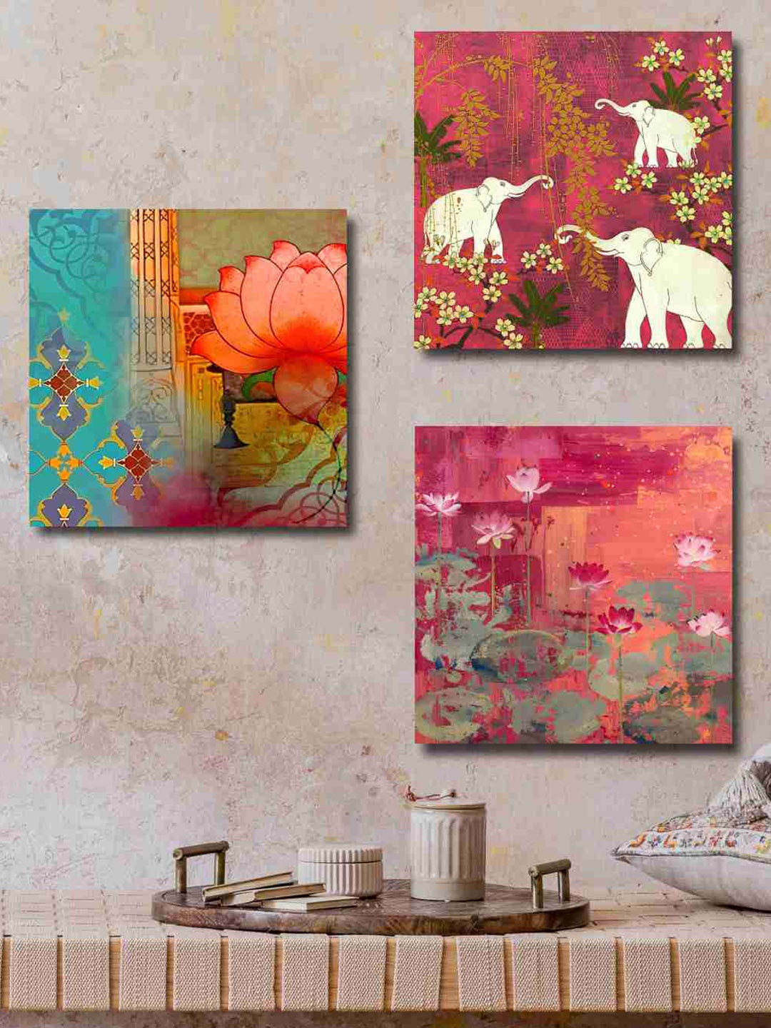 

SAF 3 Pcs Peach-Coloured & Blue Floral & Animal Painting Canvas Wall Art